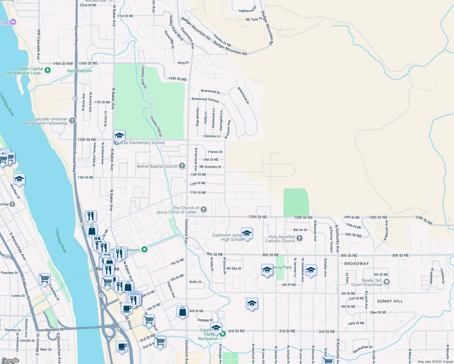 map of restaurants, bars, coffee shops, grocery stores, and more near 1201 North Grover Place in East Wenatchee