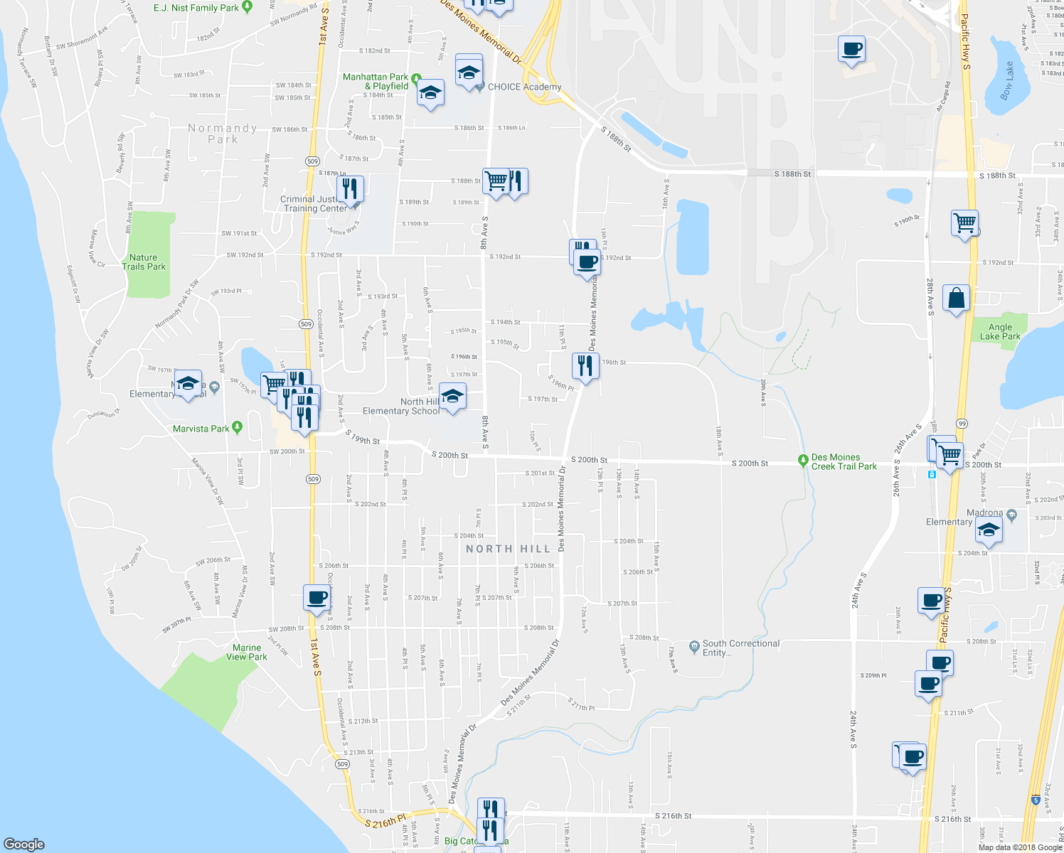 map of restaurants, bars, coffee shops, grocery stores, and more near 19631 10th Place South in Des Moines