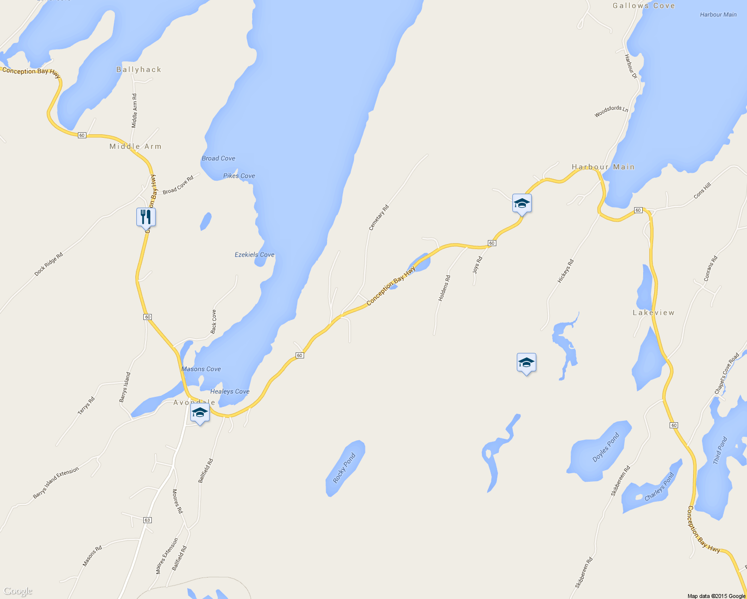 map of restaurants, bars, coffee shops, grocery stores, and more near 584 Conception Bay Highway in Harbour Main-Chapel Cove-Lakeview