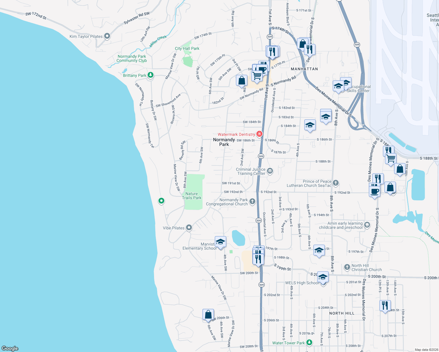 map of restaurants, bars, coffee shops, grocery stores, and more near 19005 4th Ave SW in Normandy Park