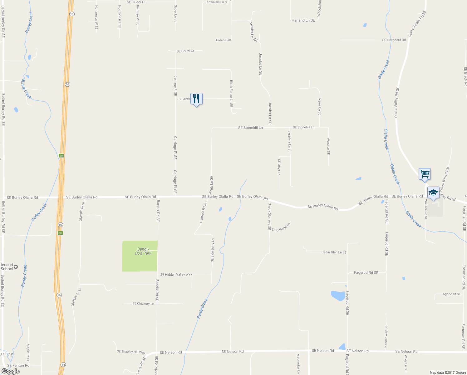 map of restaurants, bars, coffee shops, grocery stores, and more near 3853 Southeast Burley Olalla Road in Olalla