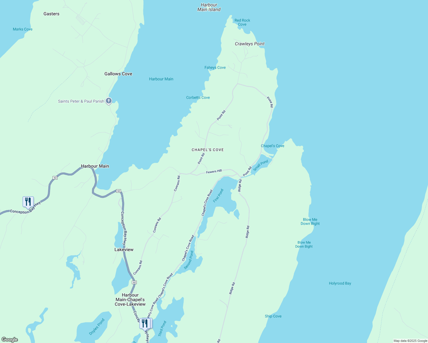 map of restaurants, bars, coffee shops, grocery stores, and more near Fewers Hill in Harbour Main-Chapel's Cove-Lakeview