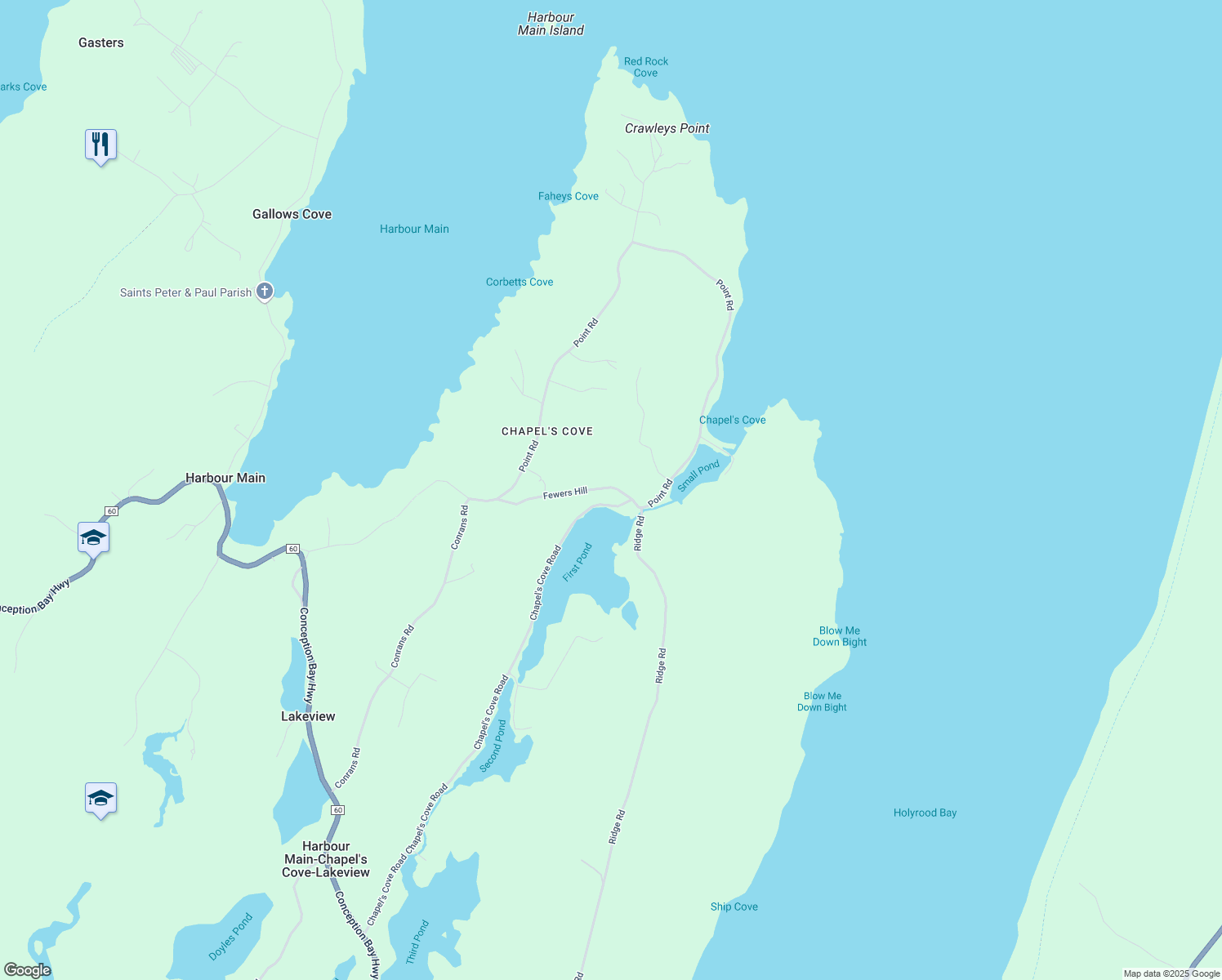 map of restaurants, bars, coffee shops, grocery stores, and more near Fewers Hill in Harbour Main-Chapel's Cove-Lakeview