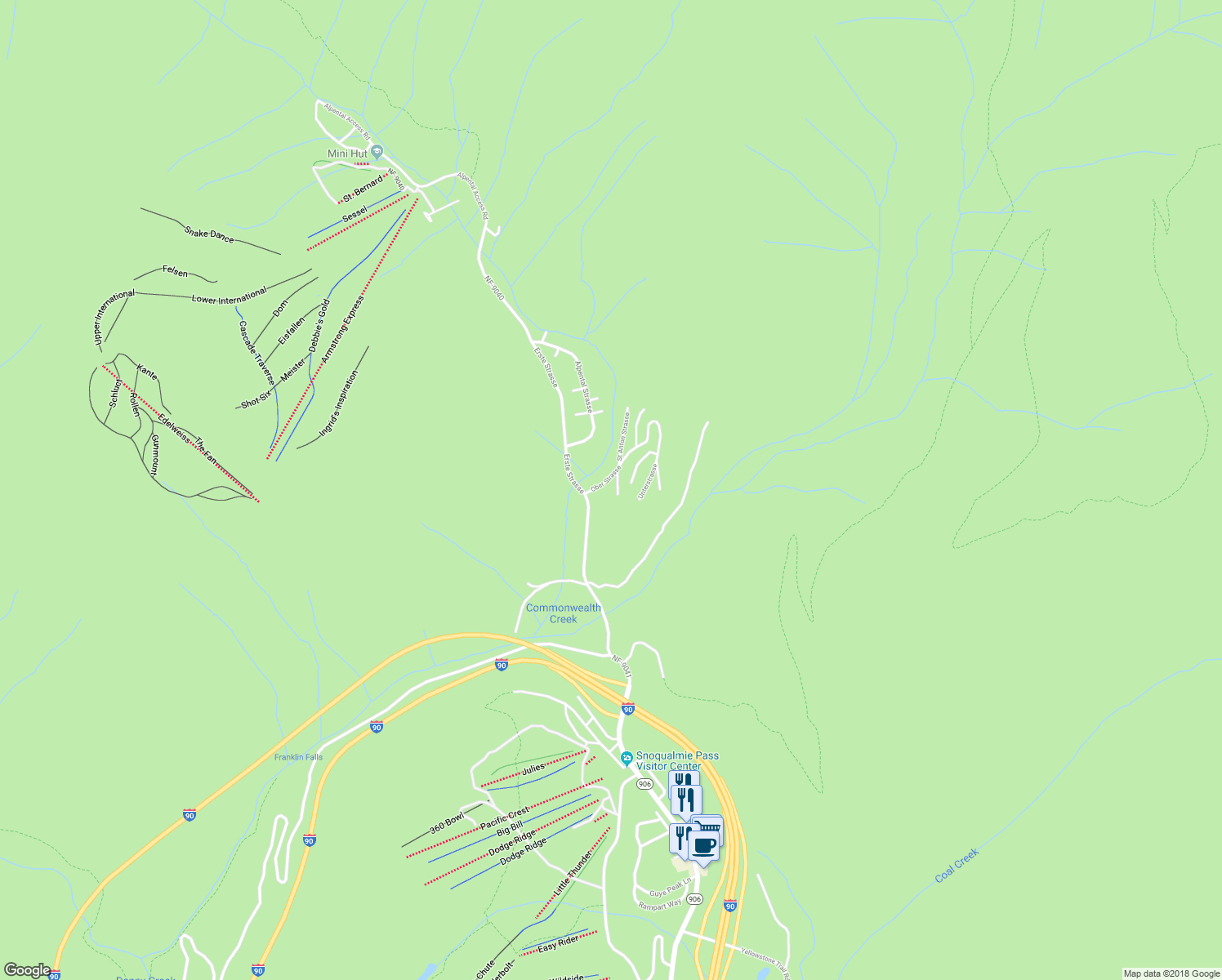 map of restaurants, bars, coffee shops, grocery stores, and more near 5 Saint Anton Strasse in Snoqualmie Pass