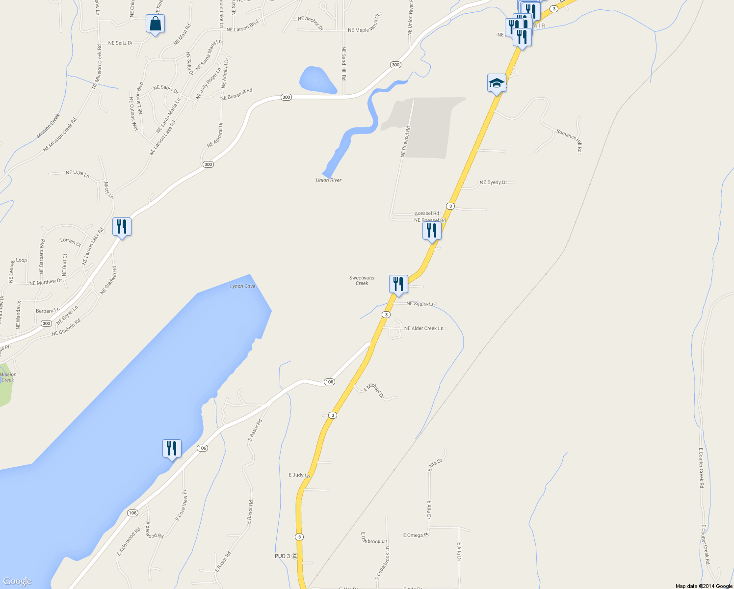 map of restaurants, bars, coffee shops, grocery stores, and more near 22551 Washington 3 in Belfair