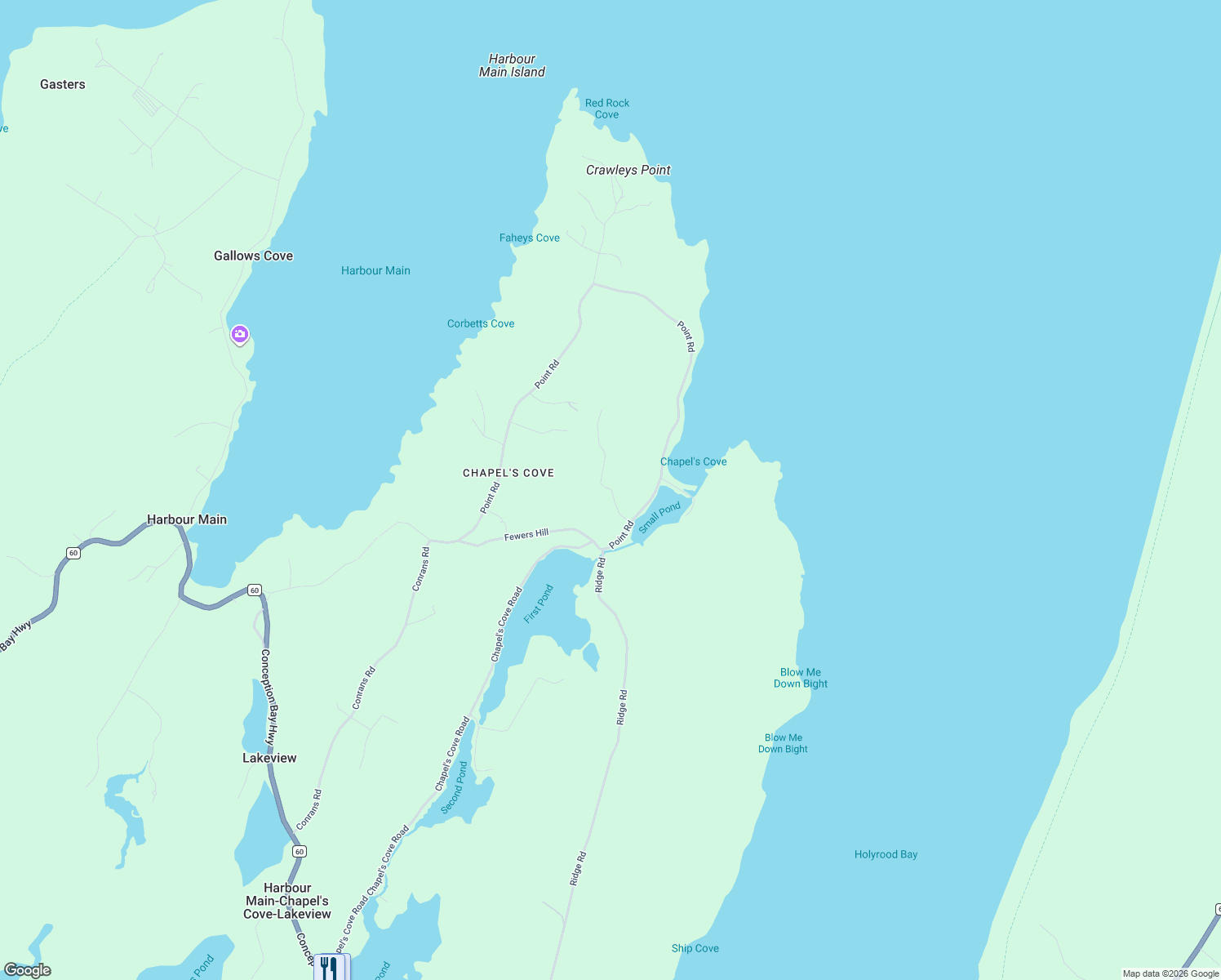 map of restaurants, bars, coffee shops, grocery stores, and more near Crowleys Road in Harbour Main-Chapel Cove-Lakeview