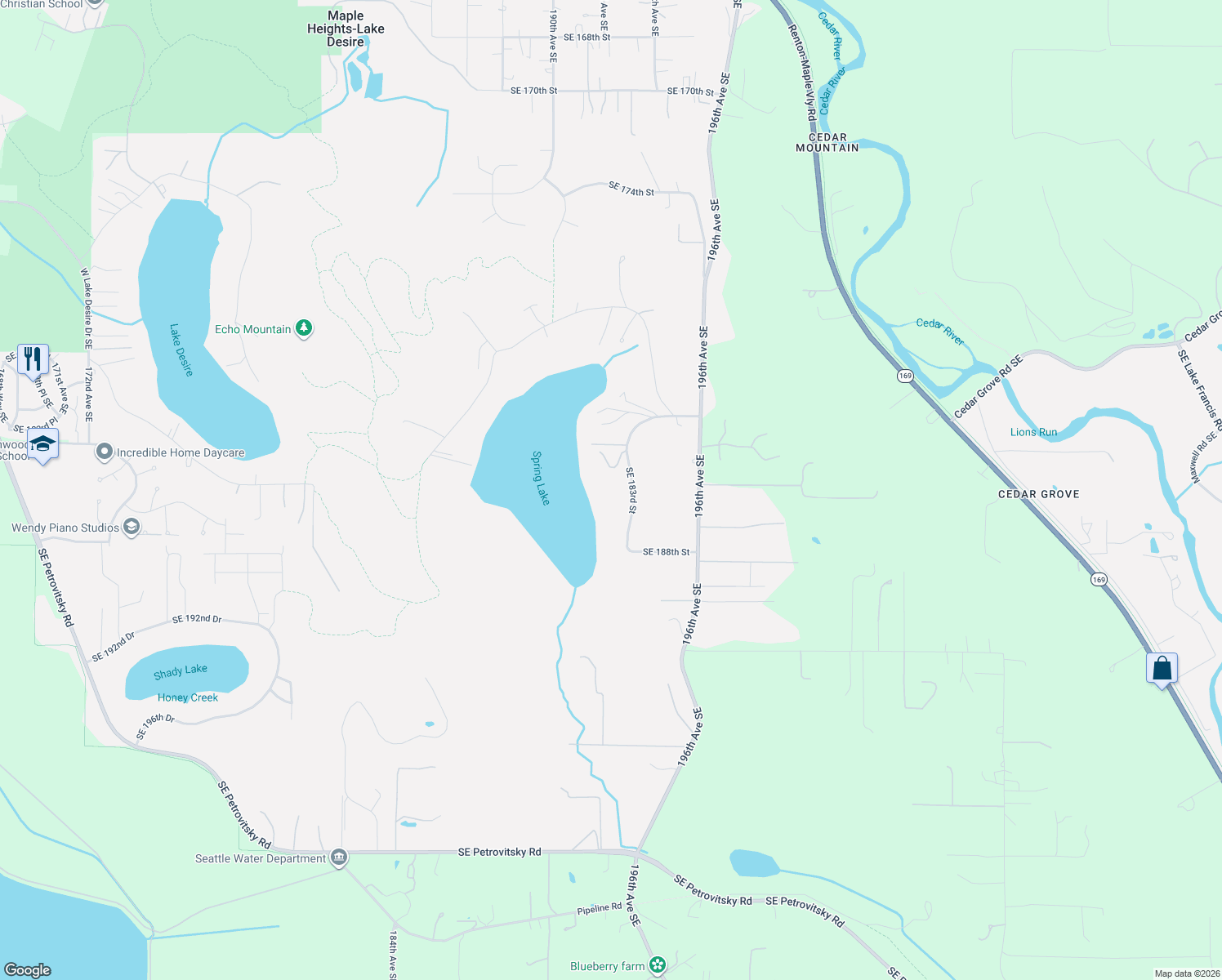 map of restaurants, bars, coffee shops, grocery stores, and more near 18603 East Spring Lake Drive Southeast in Renton