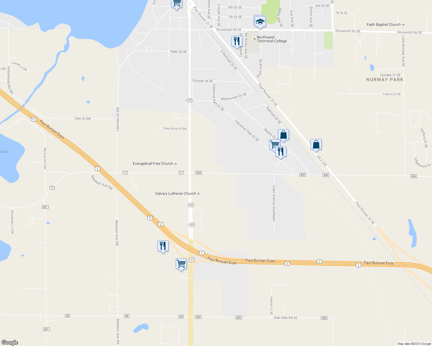 map of restaurants, bars, coffee shops, grocery stores, and more near 515 Carr Lake Road Southeast in Bemidji