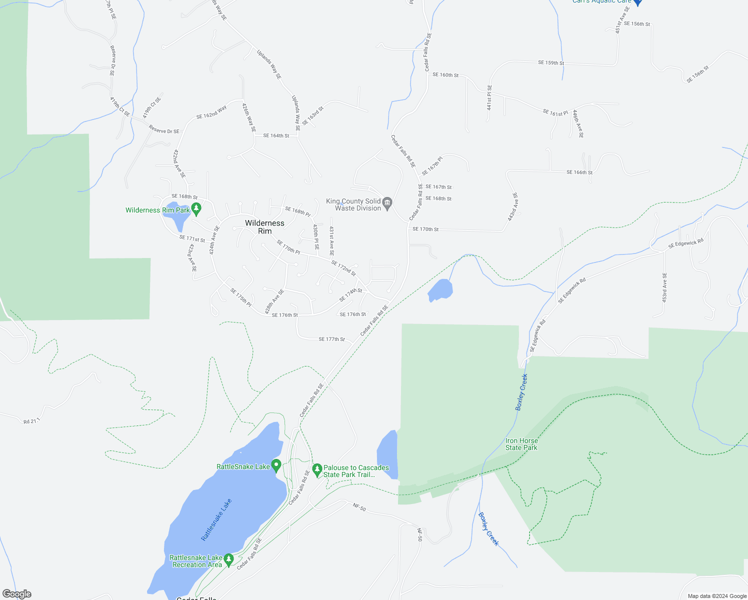 map of restaurants, bars, coffee shops, grocery stores, and more near 43413 Southeast 174th Street in North Bend