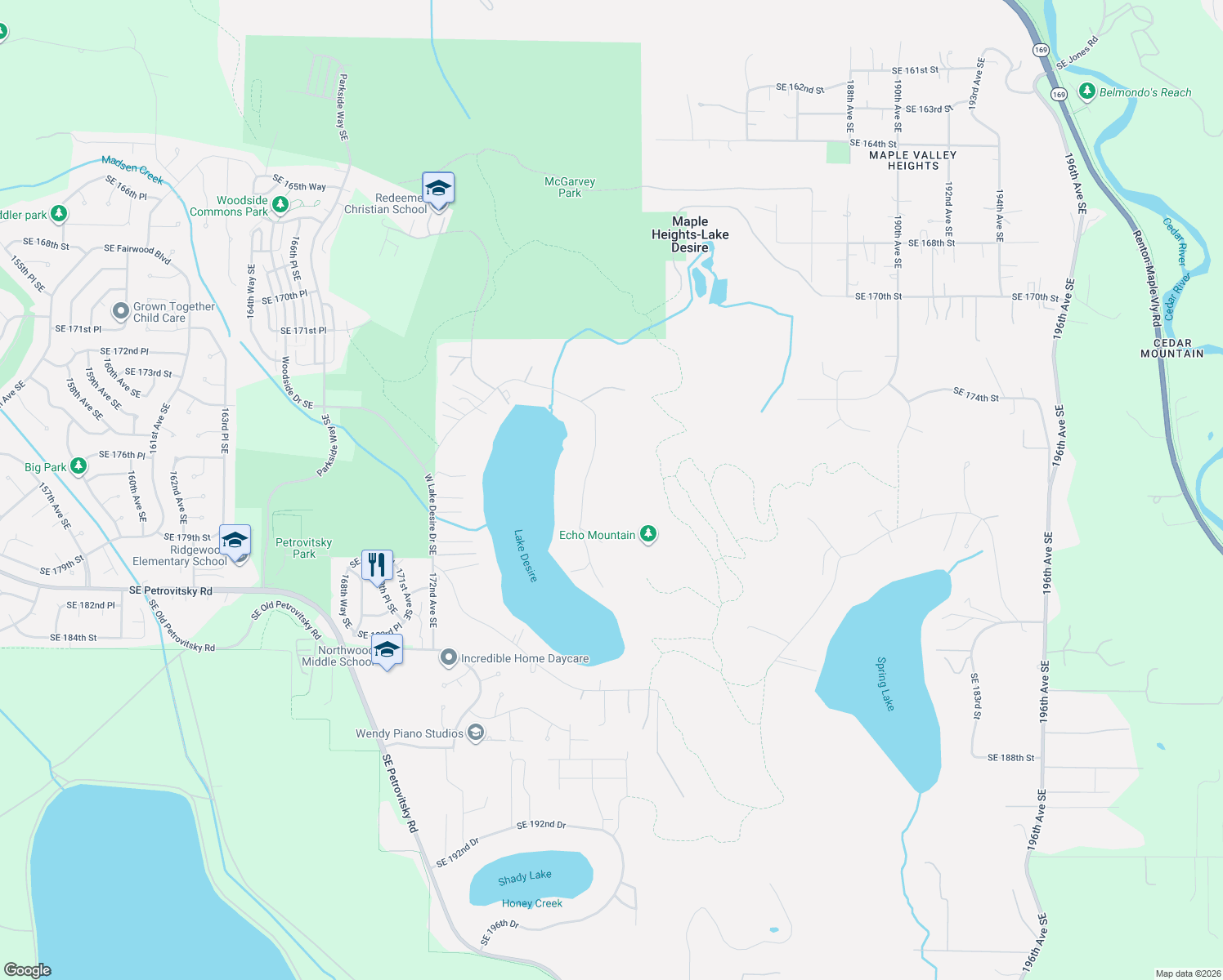 map of restaurants, bars, coffee shops, grocery stores, and more near 17722 East Lake Desire Drive Southeast in Renton