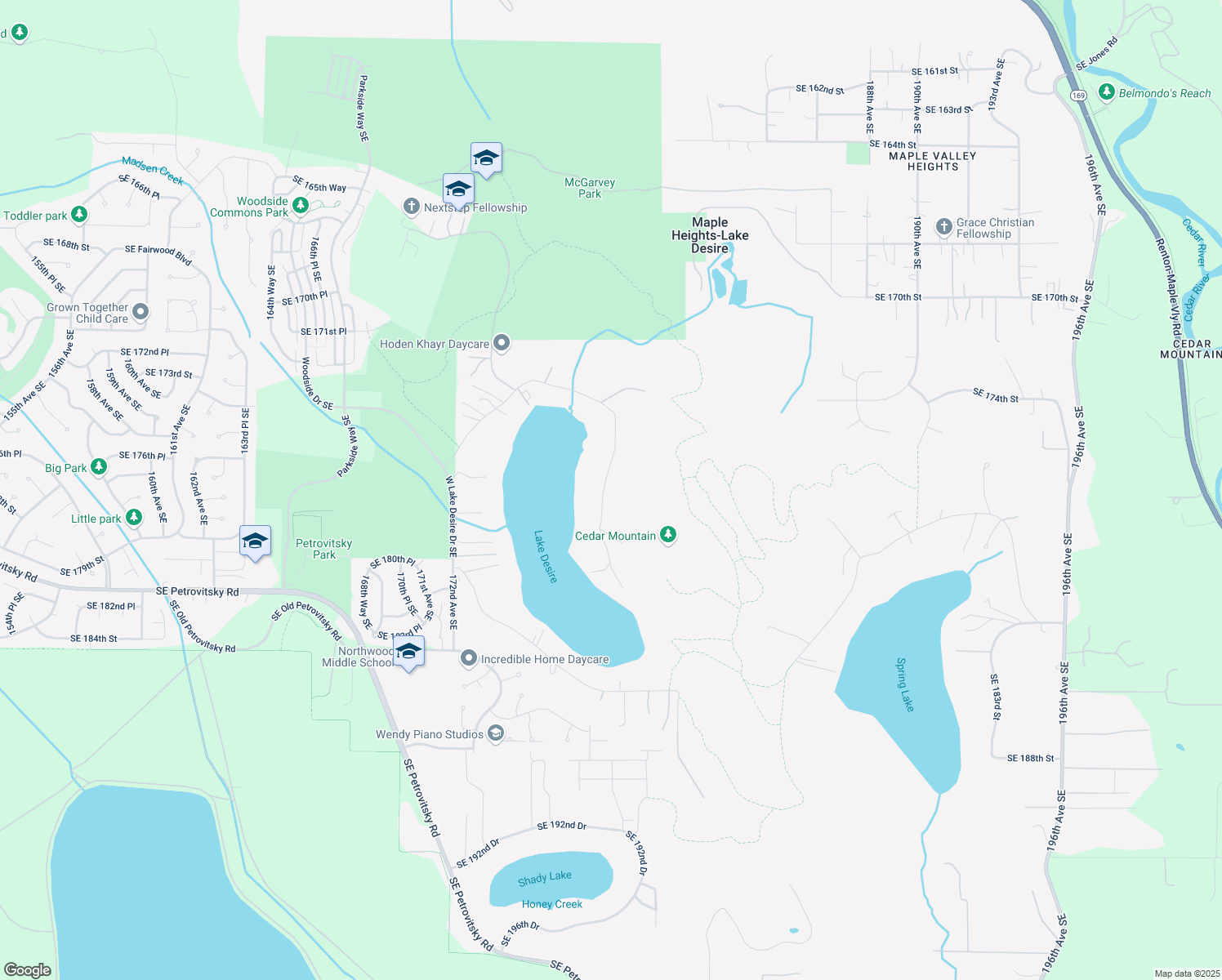 map of restaurants, bars, coffee shops, grocery stores, and more near 17722 East Lake Desire Drive Southeast in Renton