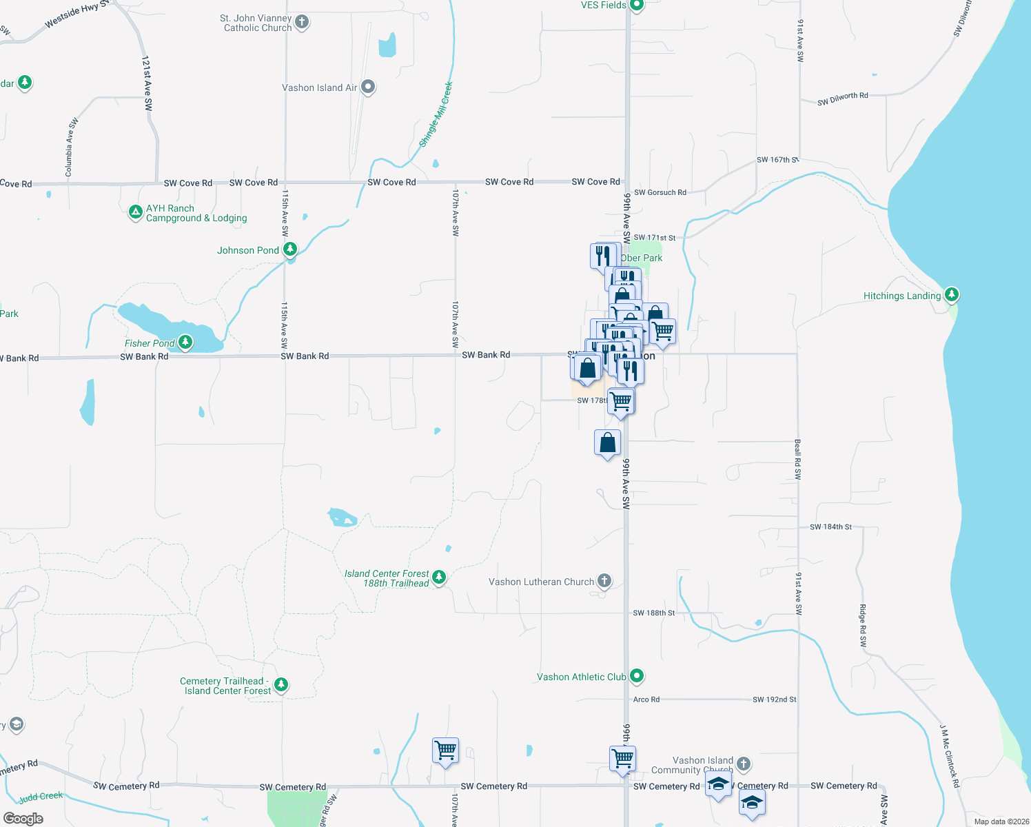 map of restaurants, bars, coffee shops, grocery stores, and more near 10378 SW Mukai Cir in Vashon