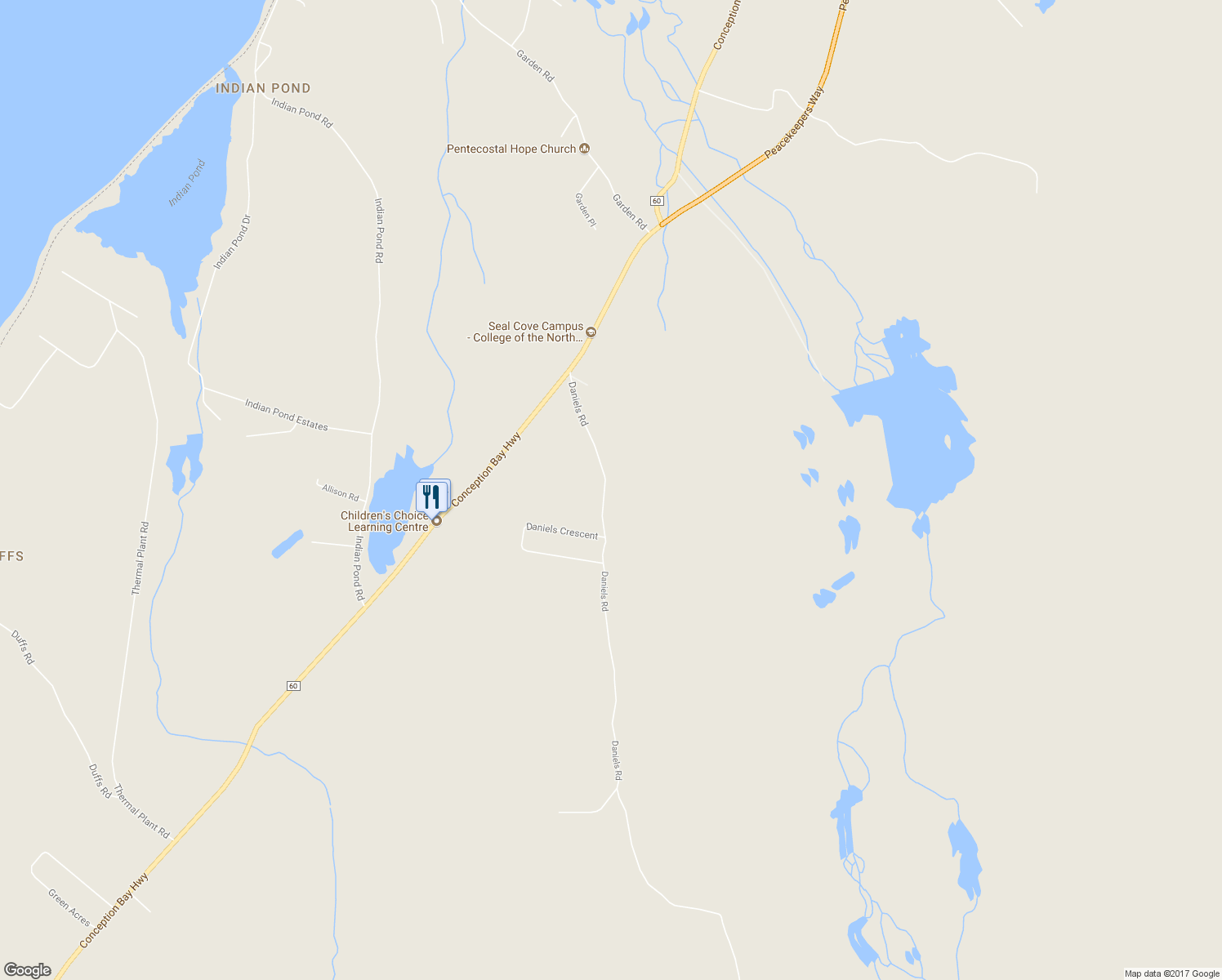 map of restaurants, bars, coffee shops, grocery stores, and more near 59 Daniels Road in Conception Bay South