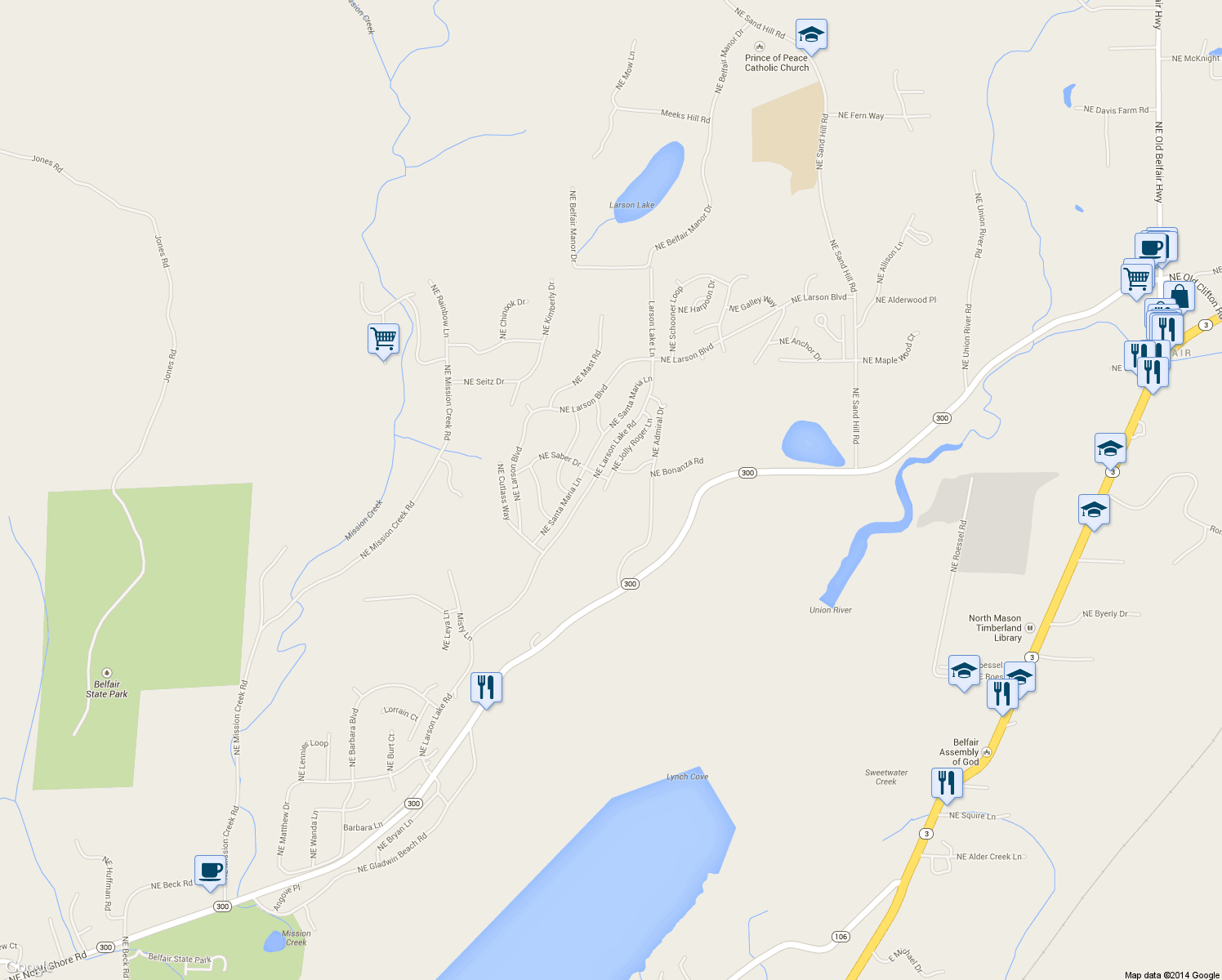 map of restaurants, bars, coffee shops, grocery stores, and more near 241 NE Jolly Roger Ln in Belfair