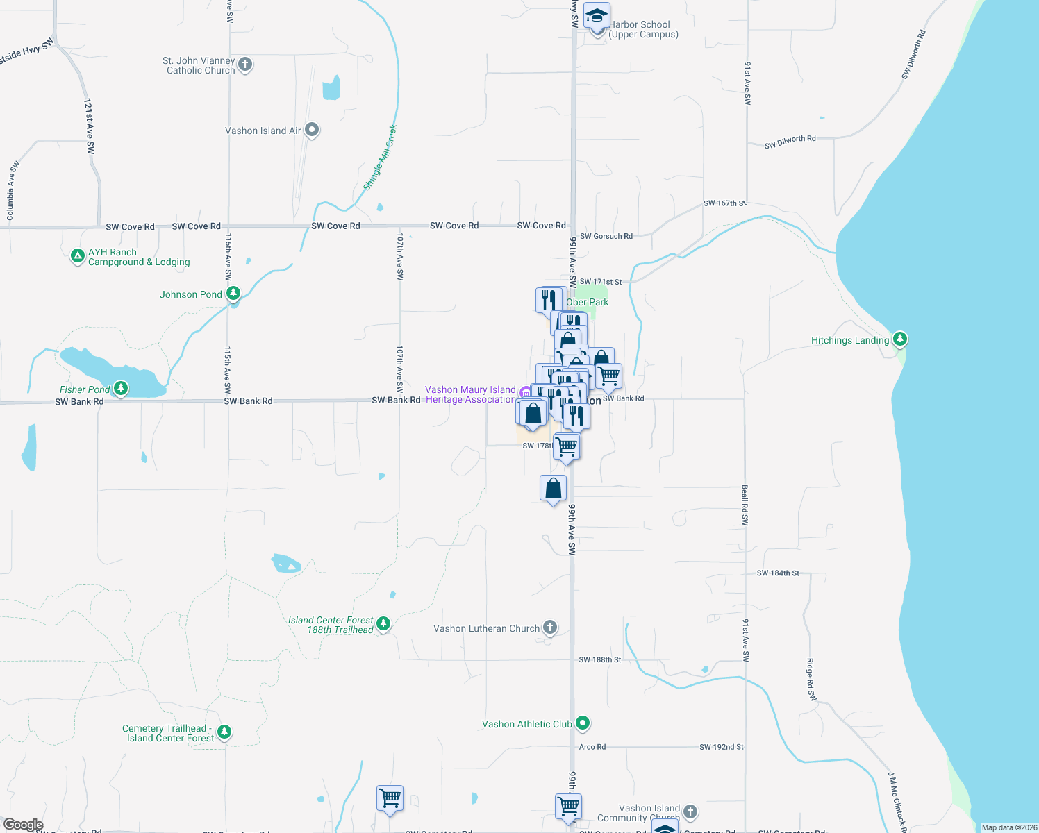 map of restaurants, bars, coffee shops, grocery stores, and more near 10109 Southwest Bank Road in Vashon