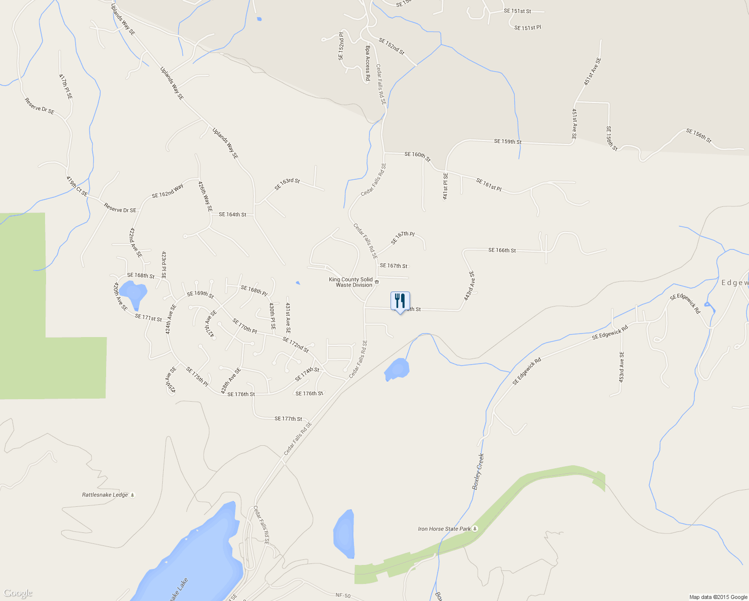 map of restaurants, bars, coffee shops, grocery stores, and more near 43622 Southeast 170th Street in North Bend