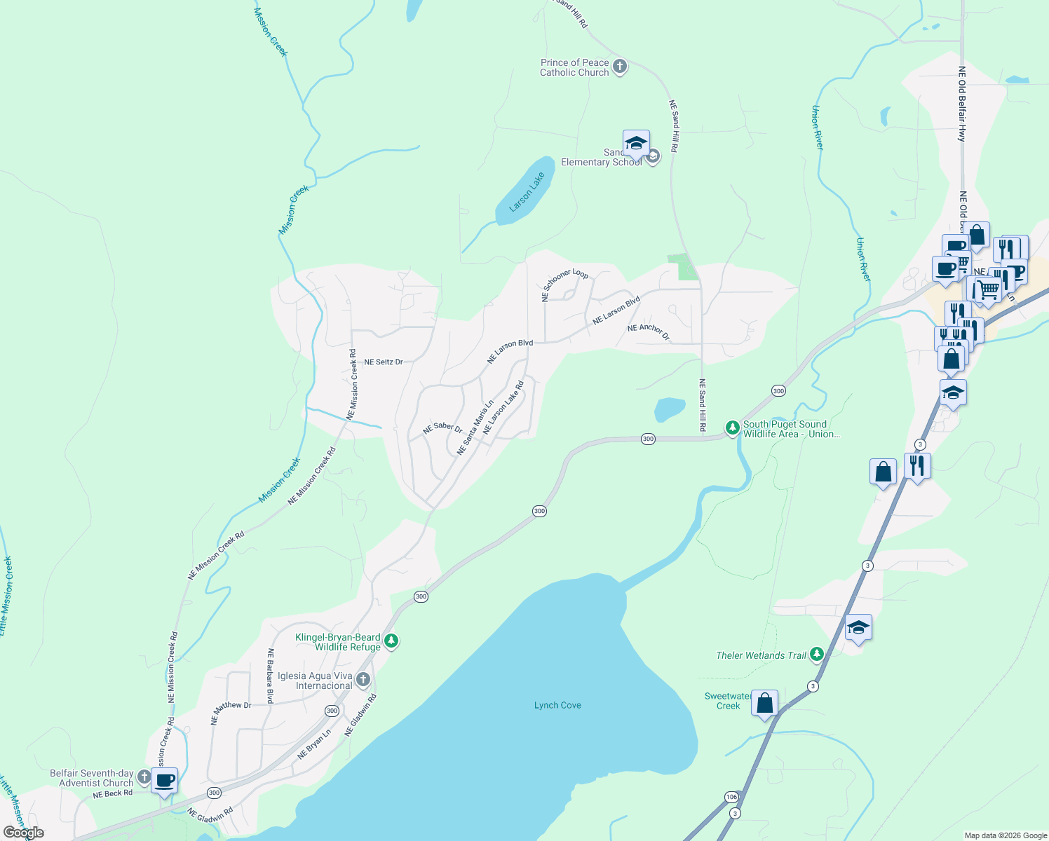 map of restaurants, bars, coffee shops, grocery stores, and more near 130 Northeast Admiral Drive in Belfair