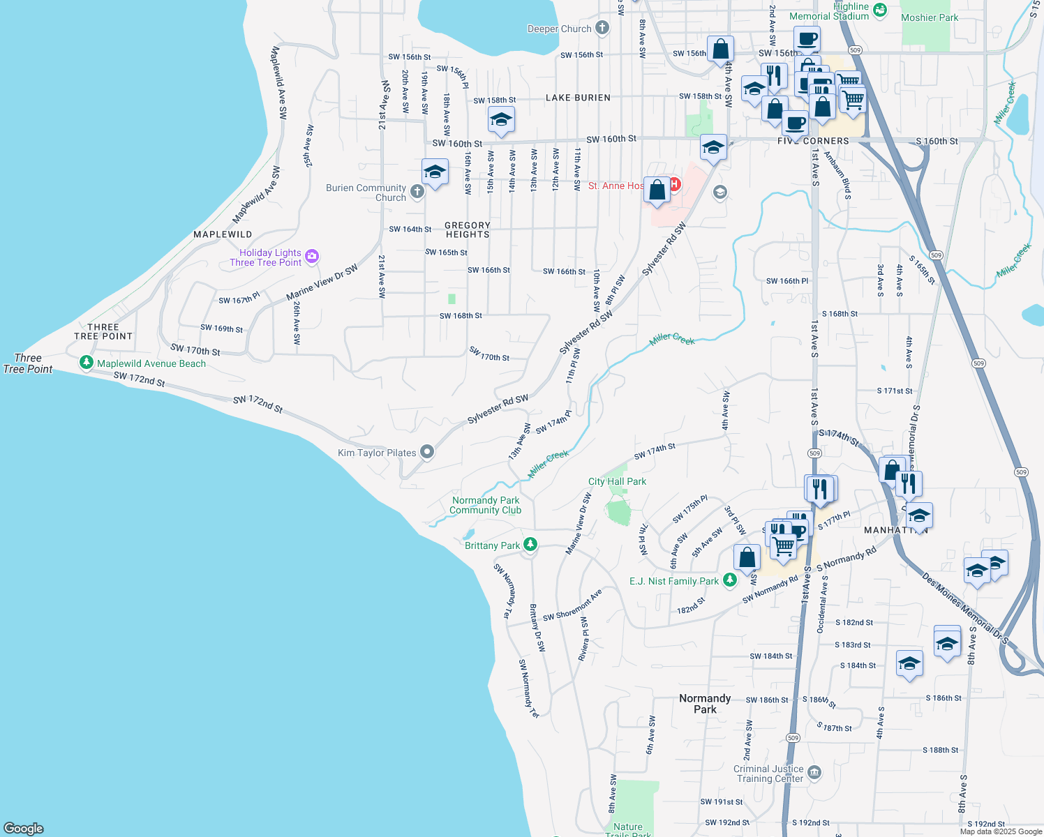map of restaurants, bars, coffee shops, grocery stores, and more near 1307 Southwest 172nd Street in Normandy Park