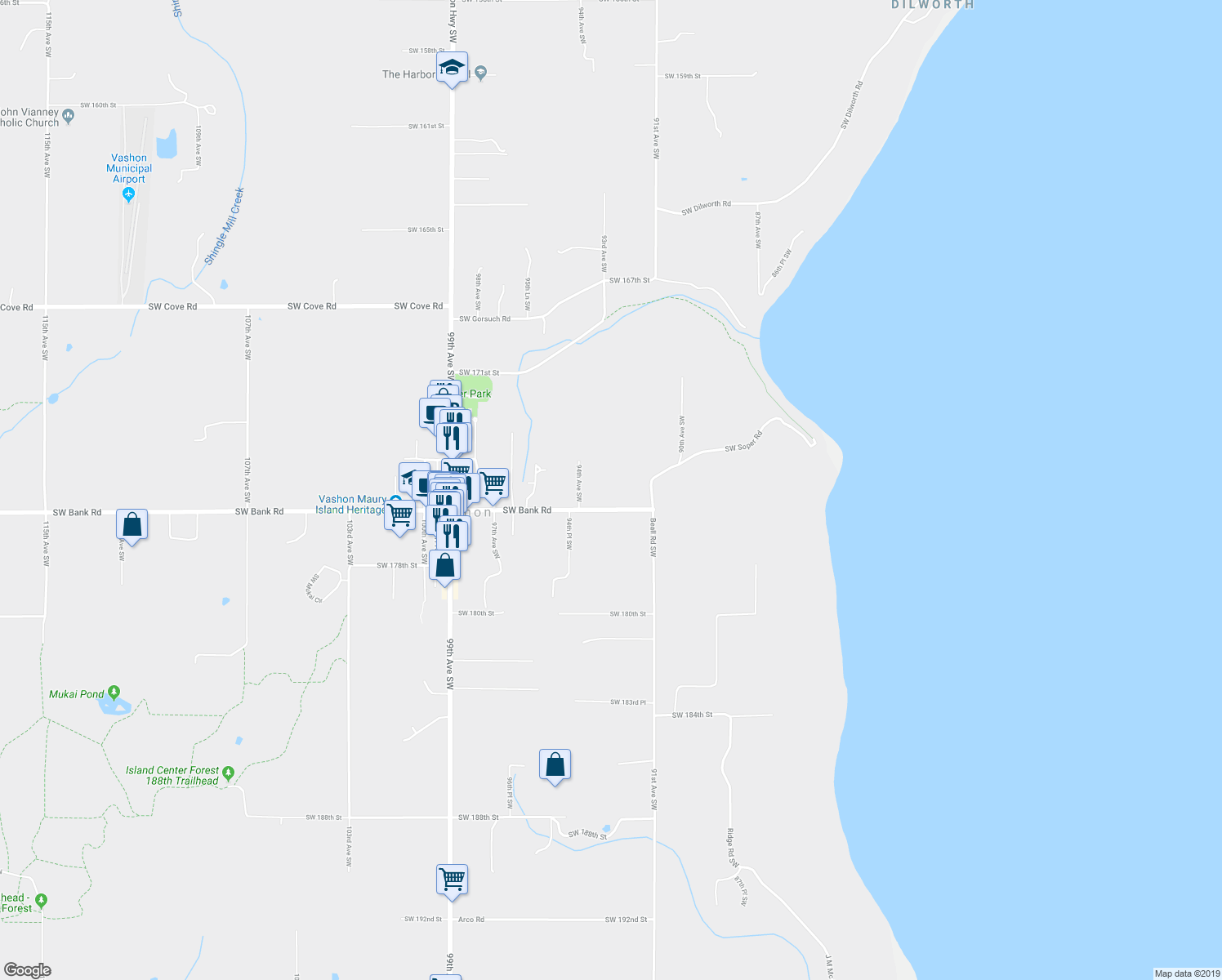 map of restaurants, bars, coffee shops, grocery stores, and more near 9220 Southwest Bank Road in Vashon