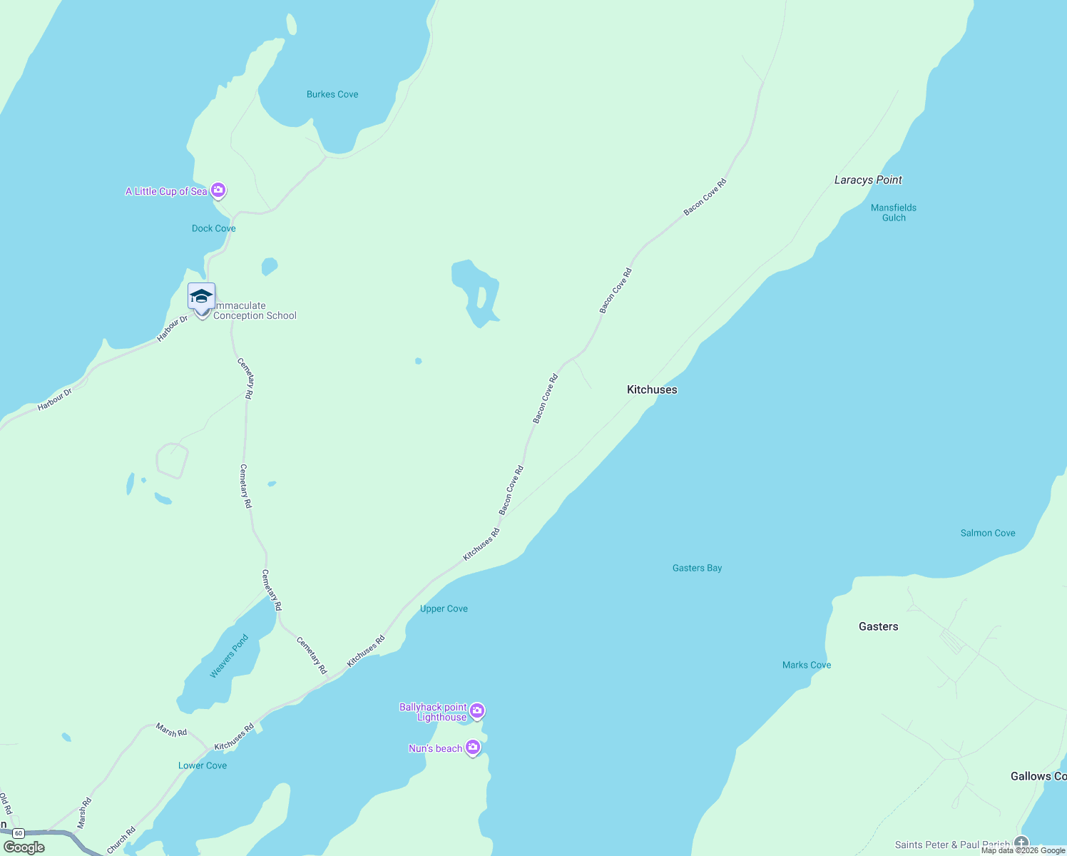 map of restaurants, bars, coffee shops, grocery stores, and more near 22 Bacon Cove Road in Conception Harbour