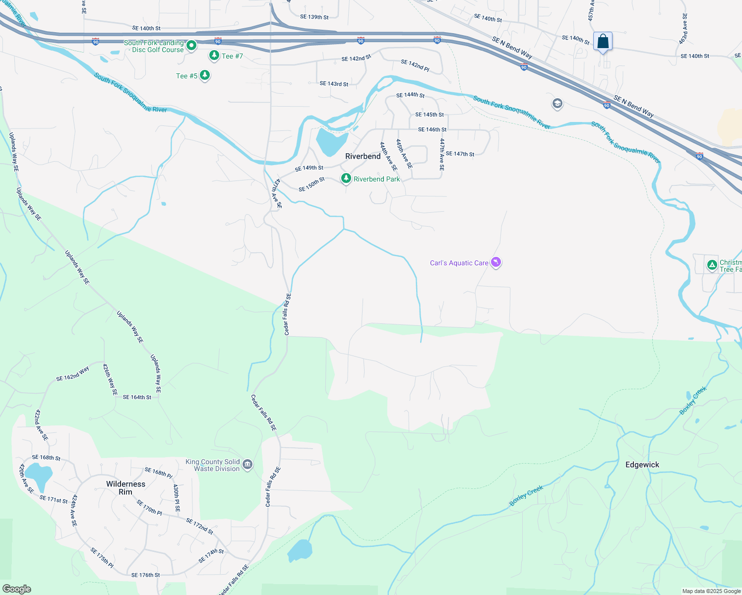 map of restaurants, bars, coffee shops, grocery stores, and more near 44202 Southeast 159th Street in North Bend