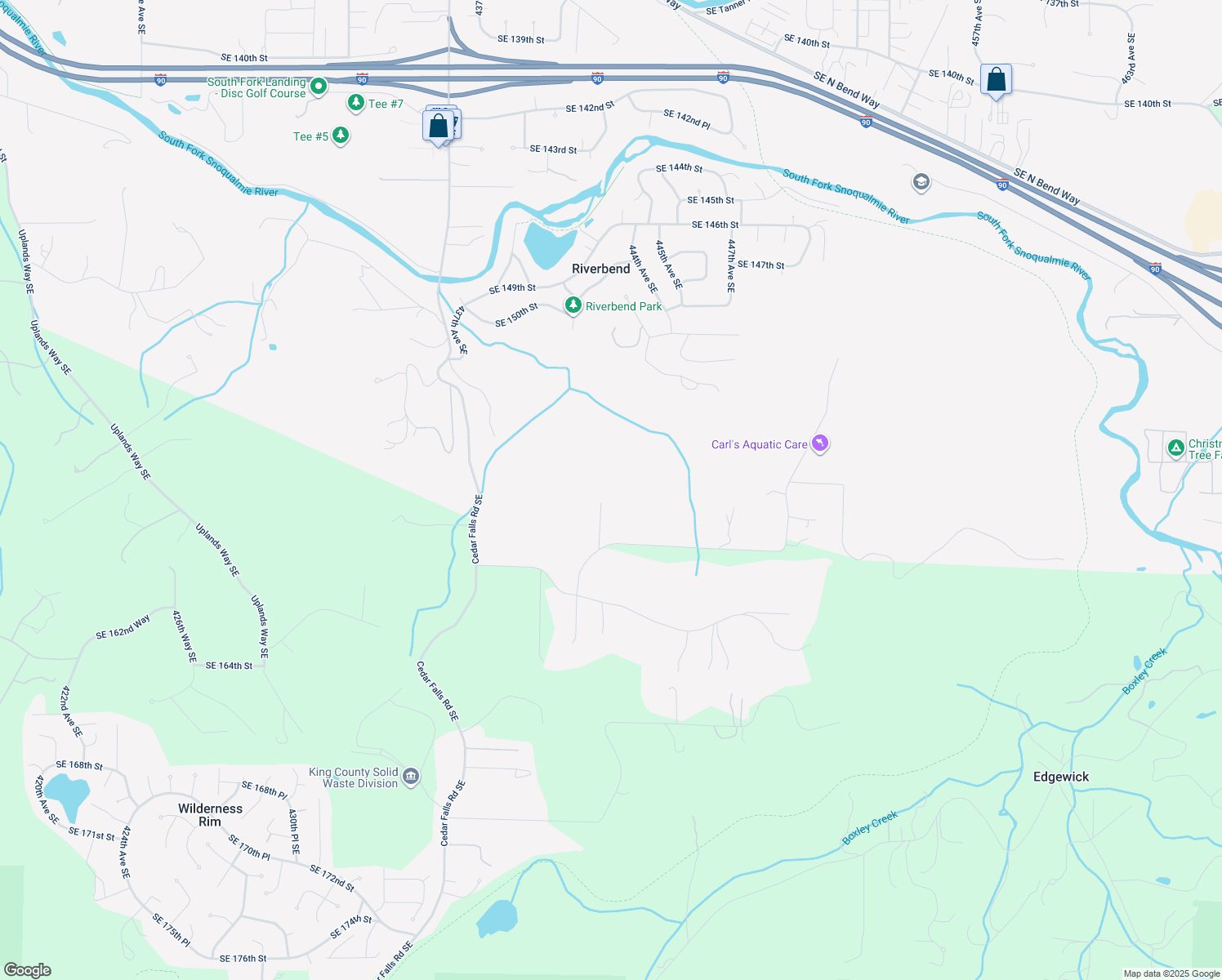 map of restaurants, bars, coffee shops, grocery stores, and more near 44202 Southeast 159th Street in North Bend