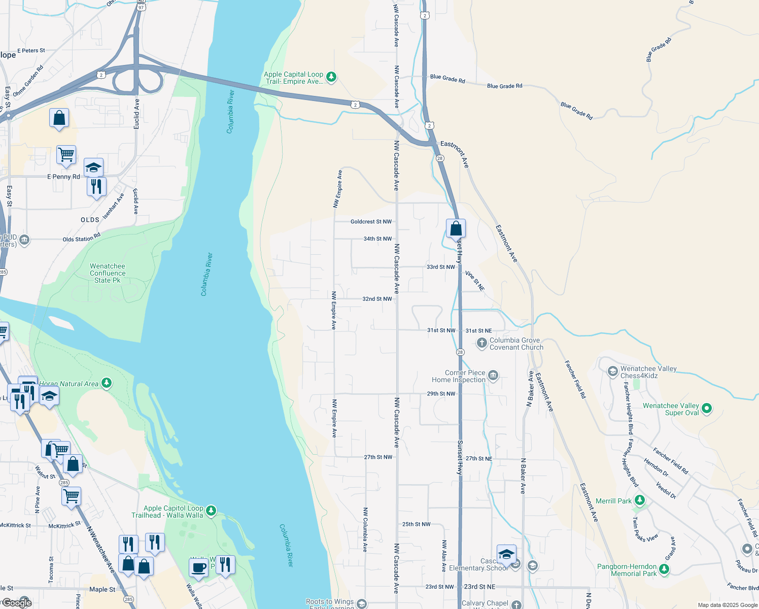 map of restaurants, bars, coffee shops, grocery stores, and more near 212 32nd Street Northwest in East Wenatchee
