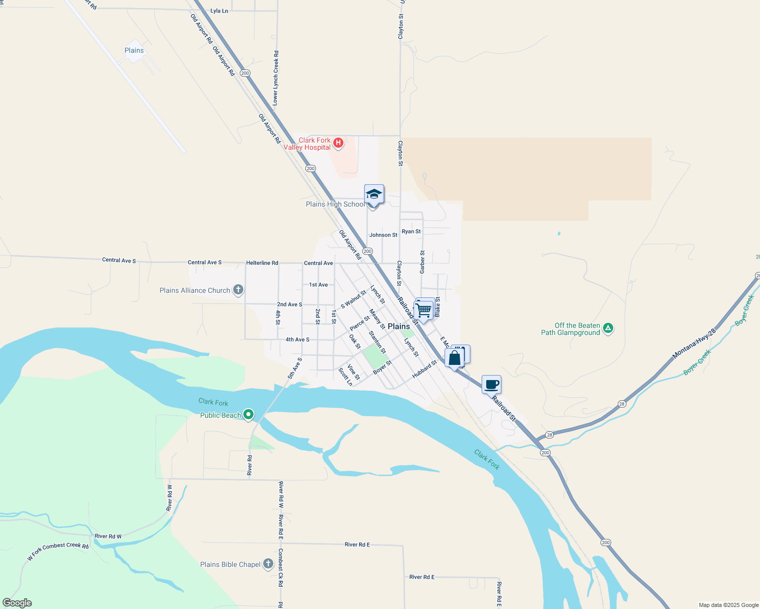 map of restaurants, bars, coffee shops, grocery stores, and more near 201 Lynch Street in Plains