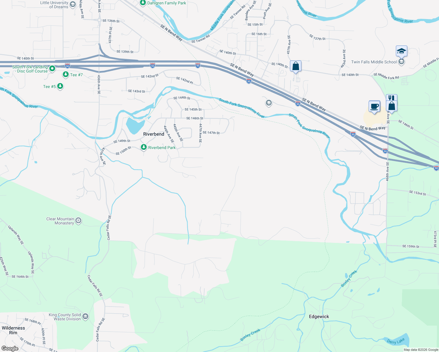 map of restaurants, bars, coffee shops, grocery stores, and more near 15301 451st Avenue Southeast in North Bend