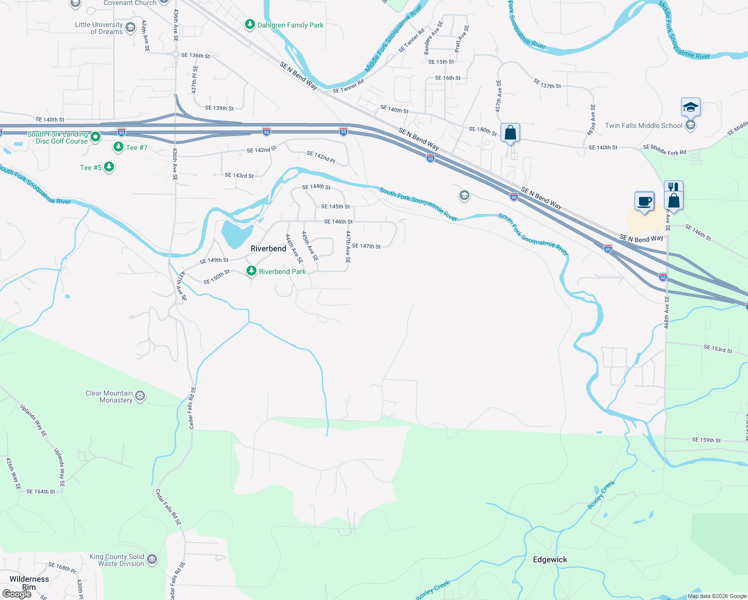 map of restaurants, bars, coffee shops, grocery stores, and more near 15301 451st Avenue Southeast in North Bend