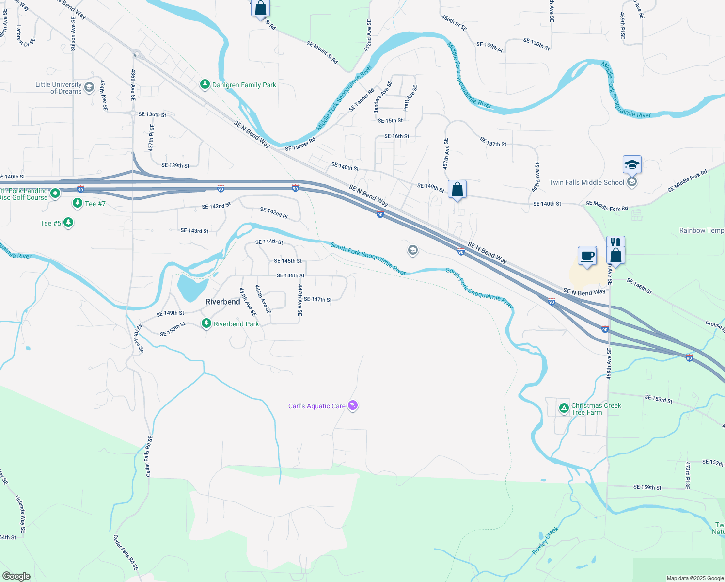 map of restaurants, bars, coffee shops, grocery stores, and more near 14644 450th Place Southeast in North Bend