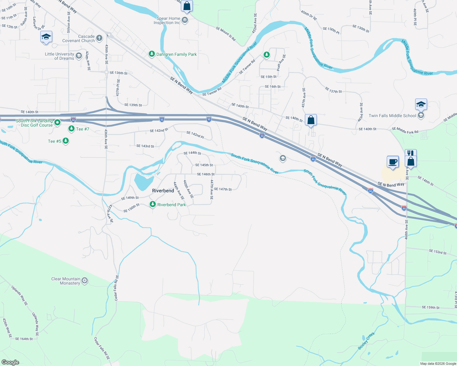 map of restaurants, bars, coffee shops, grocery stores, and more near 14617 449th Avenue Southeast in North Bend