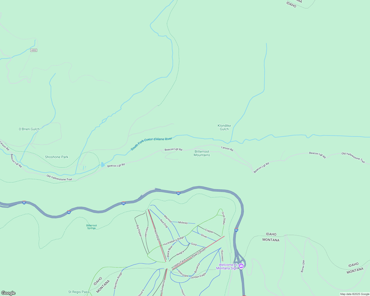 map of restaurants, bars, coffee shops, grocery stores, and more near 1615 Beacon Light Road in Mullan