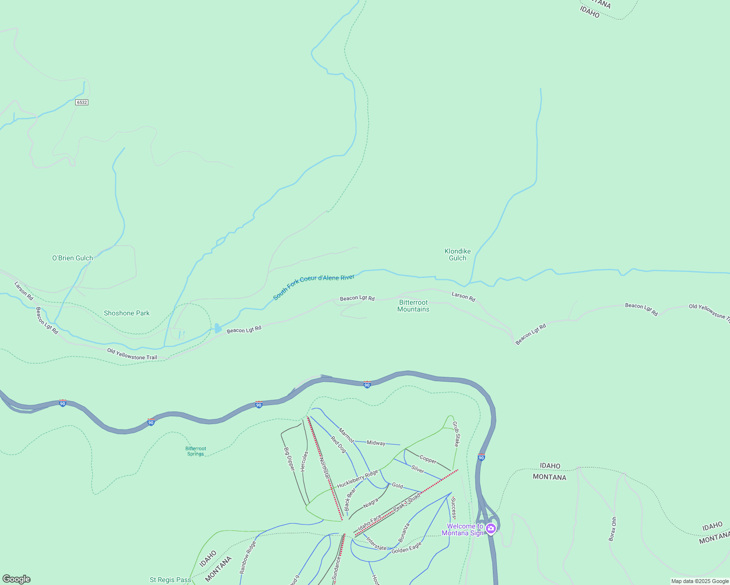 map of restaurants, bars, coffee shops, grocery stores, and more near 1615 Beacon Light Road in Mullan