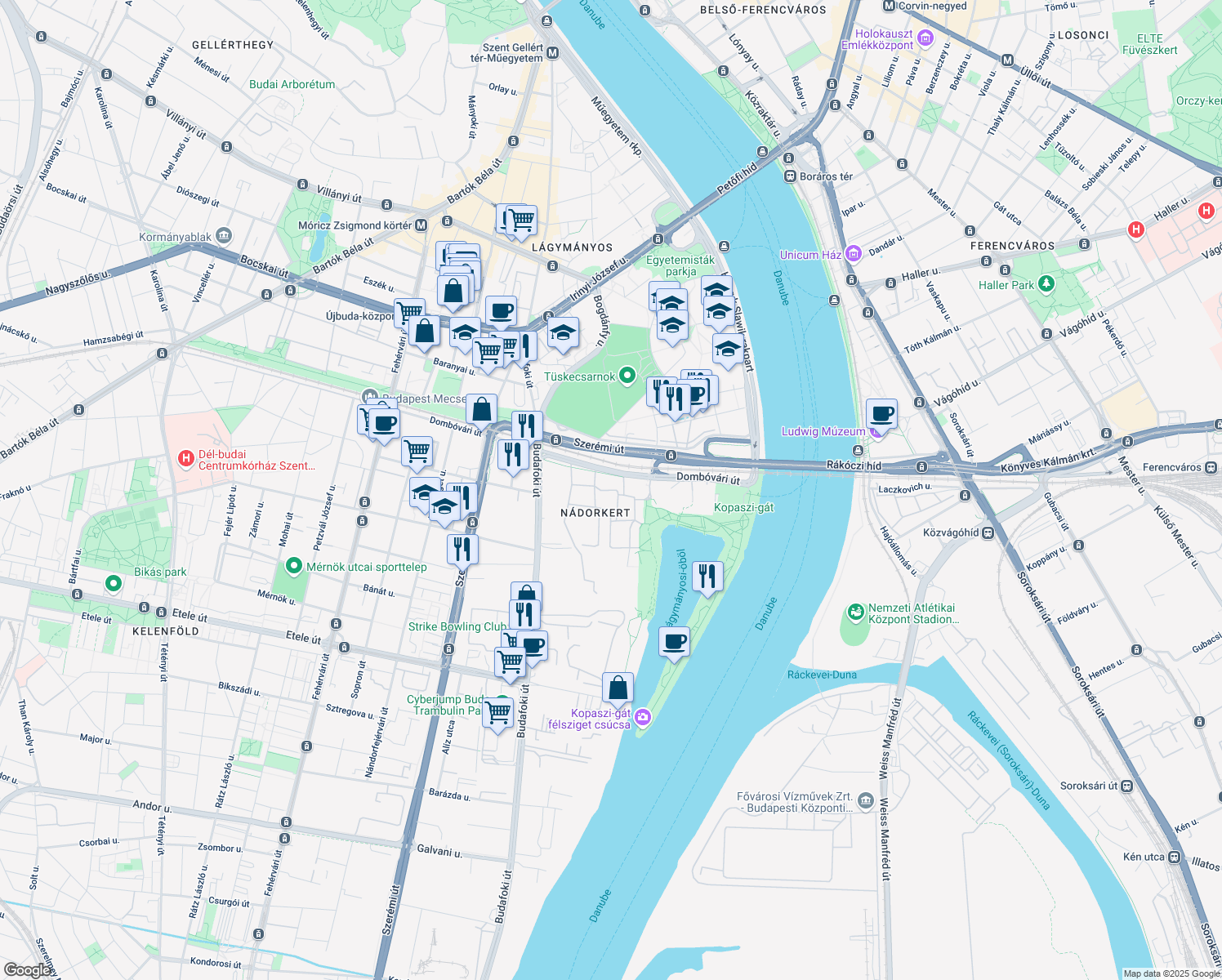 map of restaurants, bars, coffee shops, grocery stores, and more near in Budapest