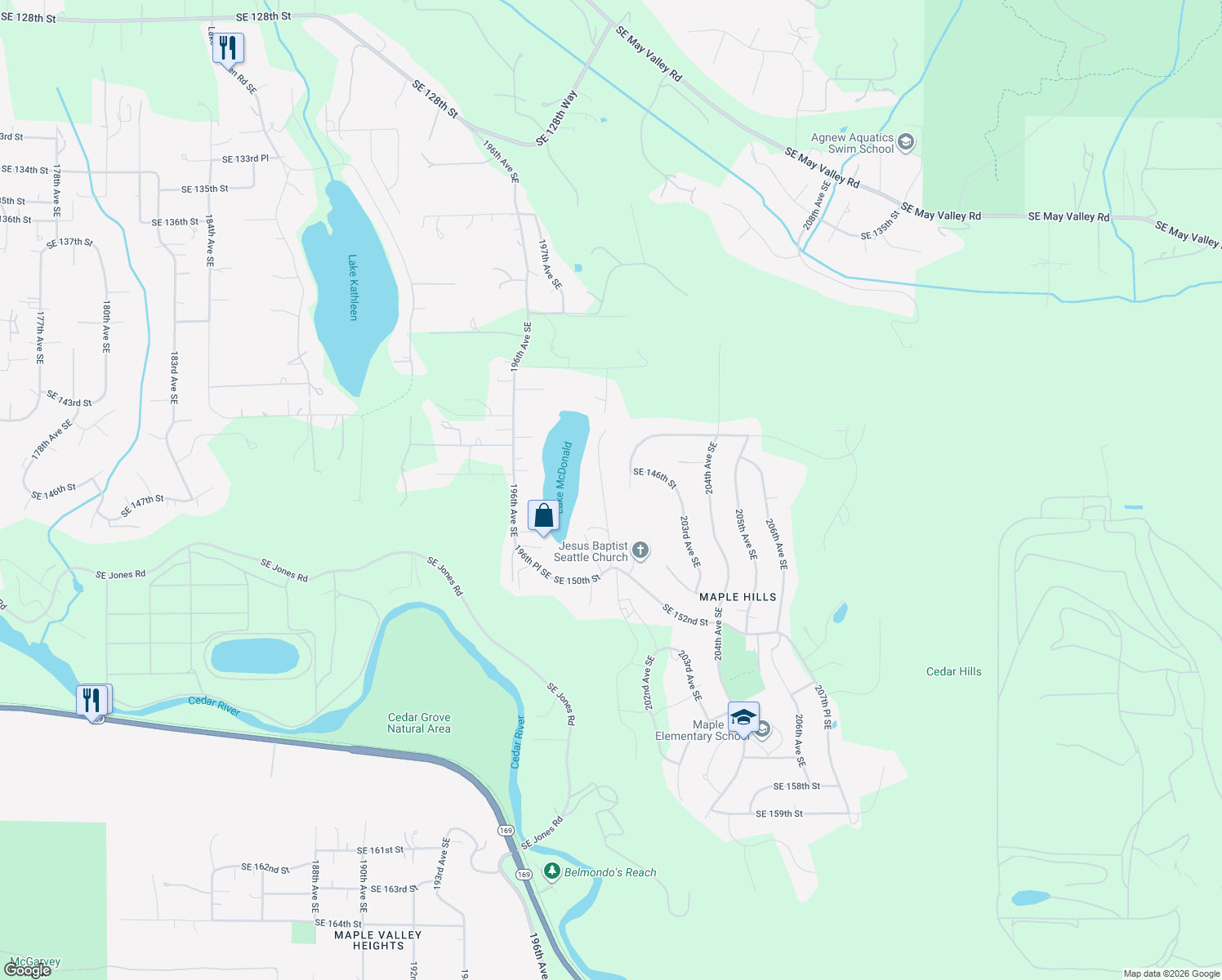 map of restaurants, bars, coffee shops, grocery stores, and more near 14630 200th Avenue Southeast in Renton