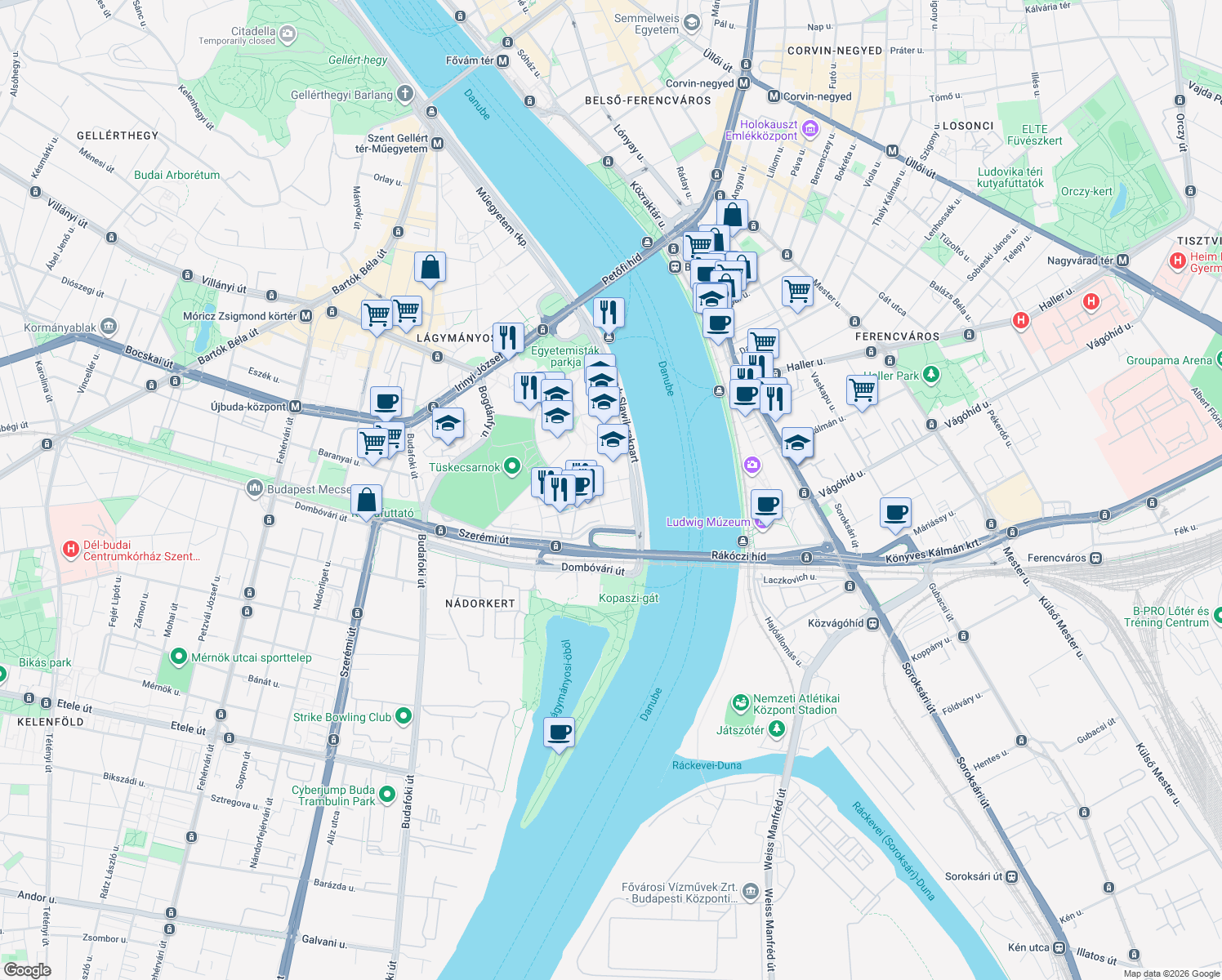 map of restaurants, bars, coffee shops, grocery stores, and more near in Budapest