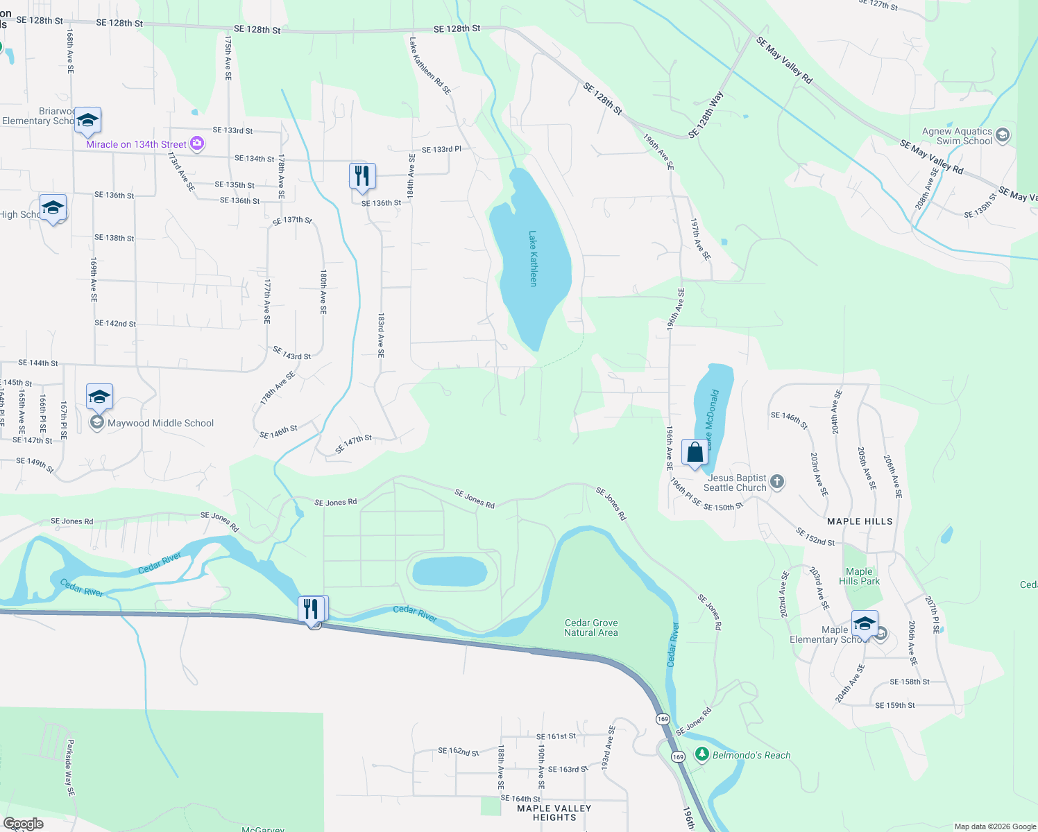 map of restaurants, bars, coffee shops, grocery stores, and more near 18911 Southeast 144th Street in Renton