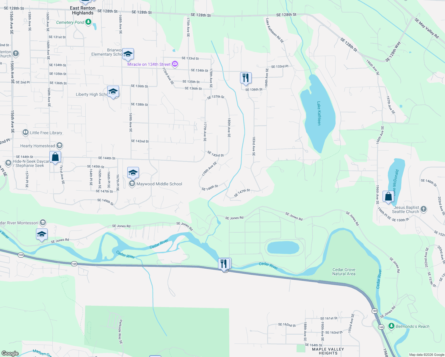 map of restaurants, bars, coffee shops, grocery stores, and more near 18012 Southeast 146th Street in Renton