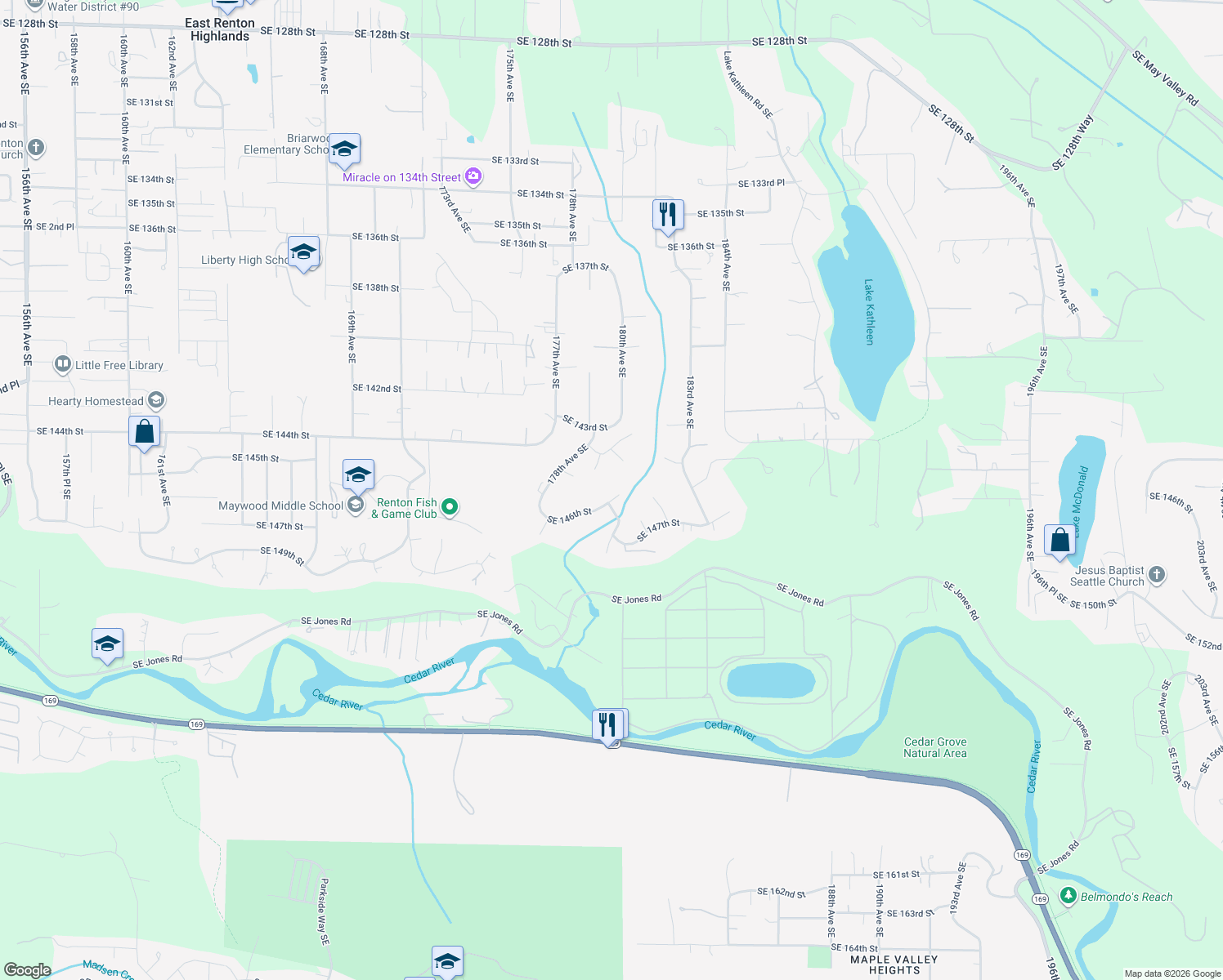 map of restaurants, bars, coffee shops, grocery stores, and more near 18012 Southeast 146th Street in Renton