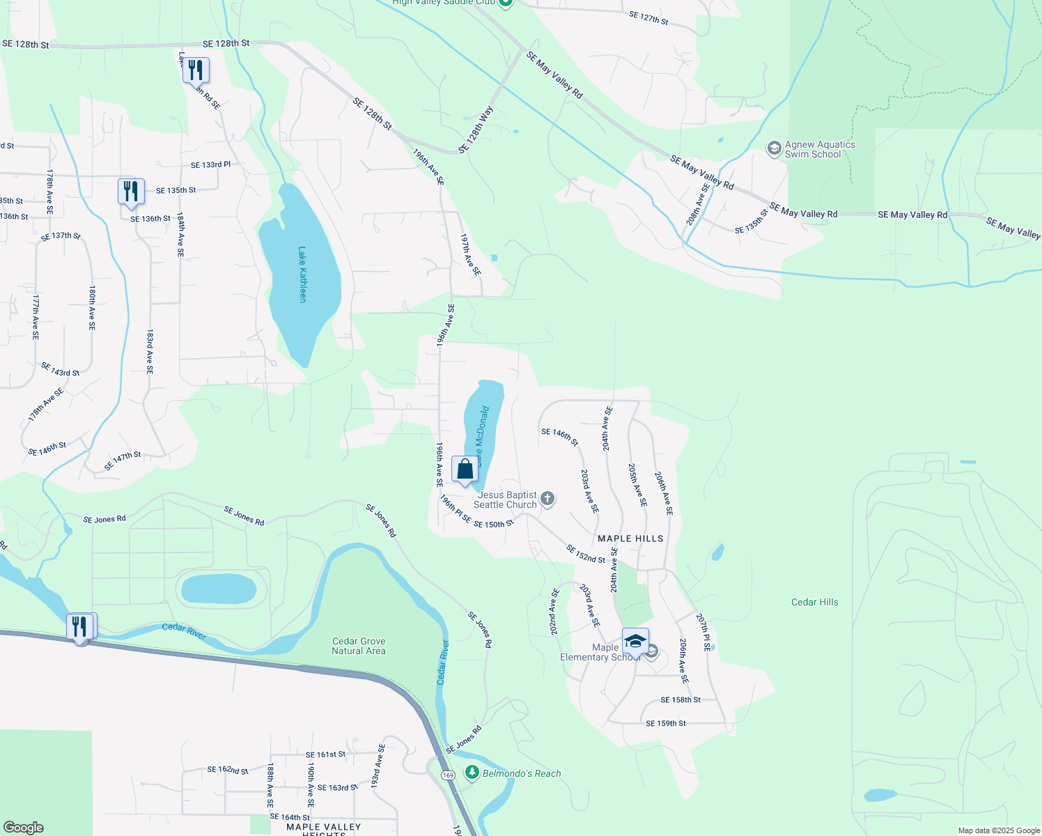 map of restaurants, bars, coffee shops, grocery stores, and more near 14430 200th Avenue Southeast in Renton