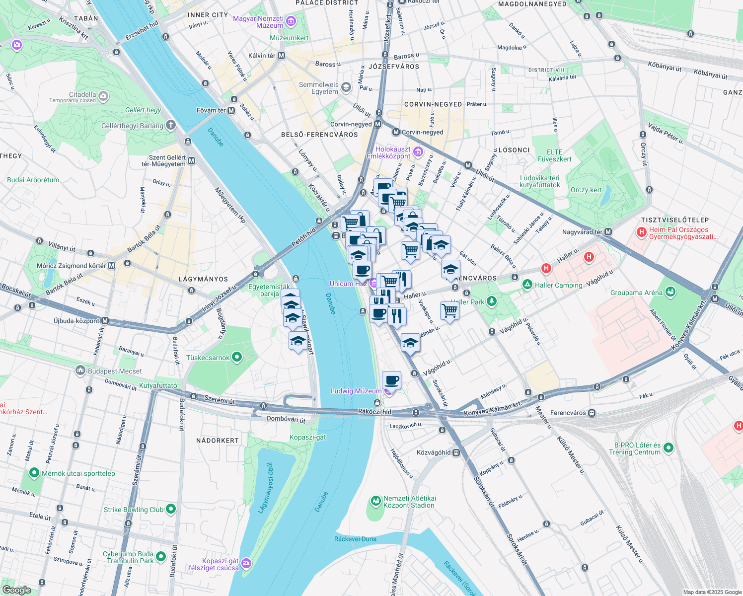map of restaurants, bars, coffee shops, grocery stores, and more near in Budapest