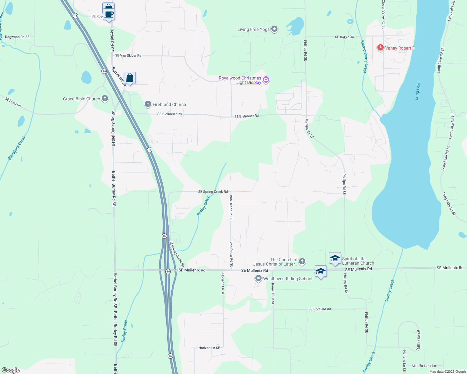 map of restaurants, bars, coffee shops, grocery stores, and more near 2897 Southeast Spring Creek Road in Port Orchard