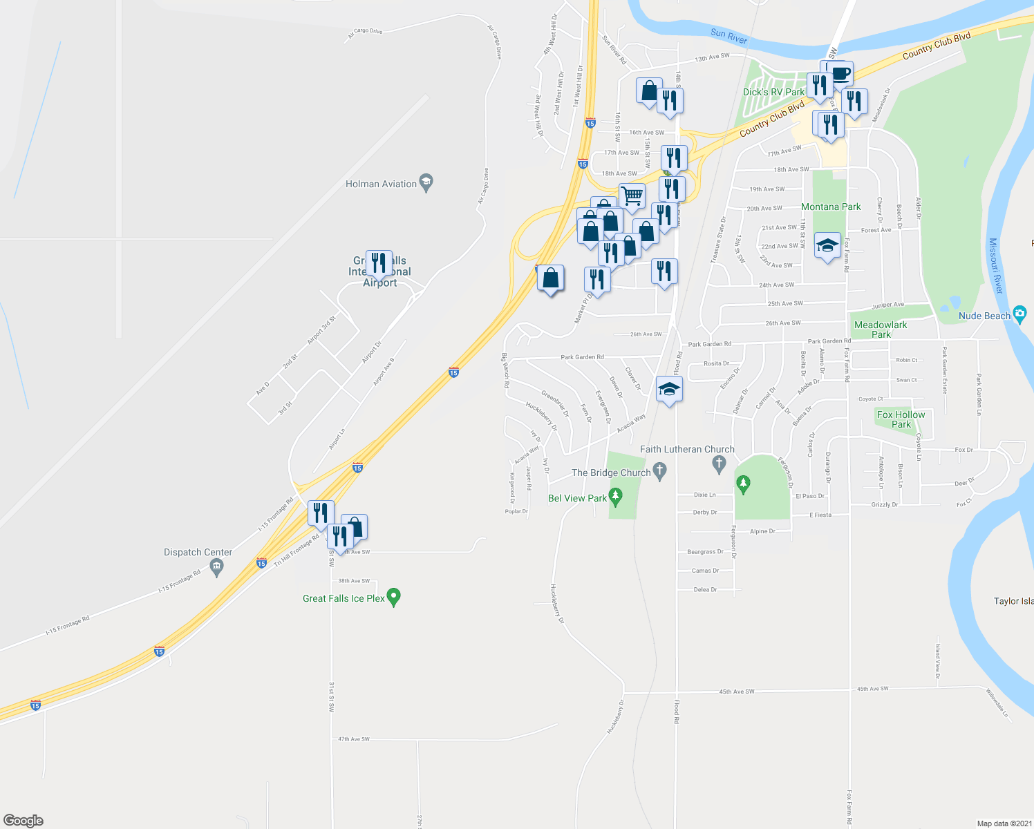 map of restaurants, bars, coffee shops, grocery stores, and more near 2705 Ivy Drive in Great Falls