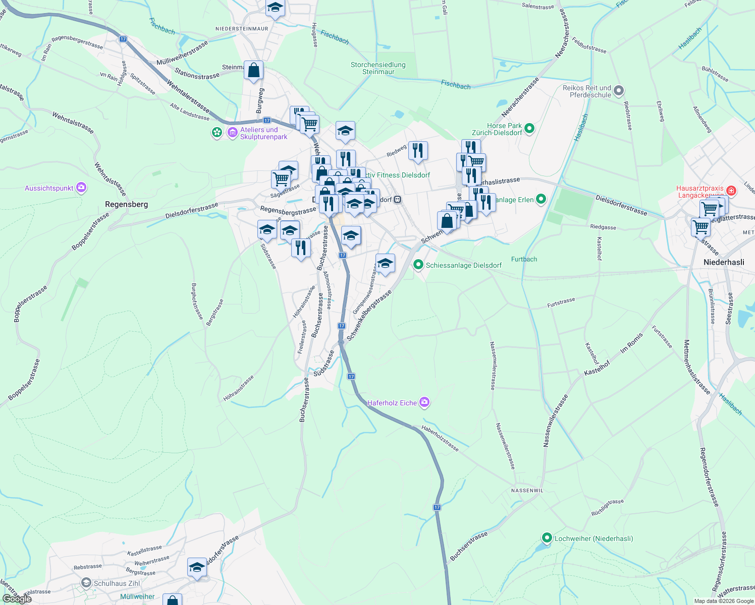 map of restaurants, bars, coffee shops, grocery stores, and more near in Dielsdorf