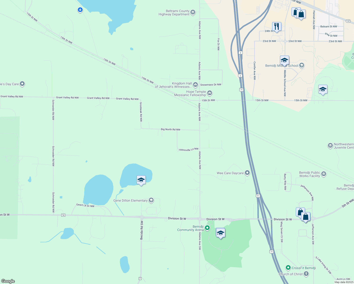 map of restaurants, bars, coffee shops, grocery stores, and more near 3582 Johnsville Lane Northwest in Bemidji