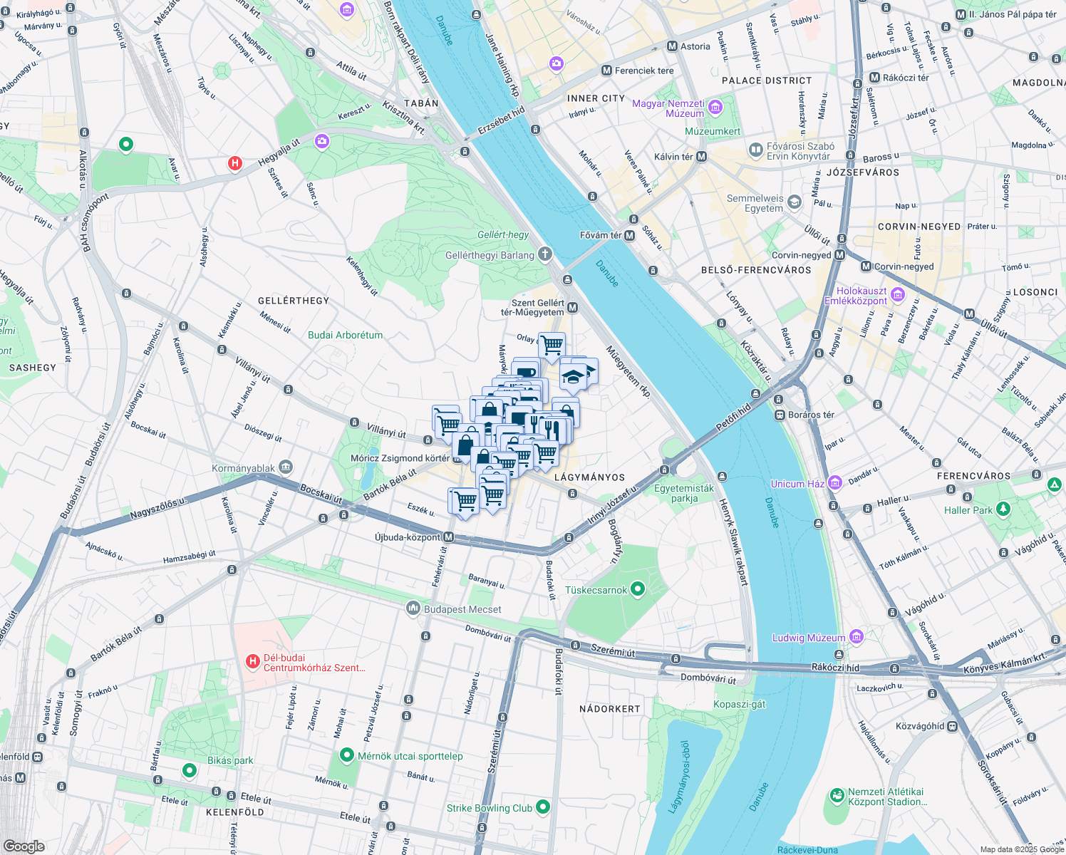 map of restaurants, bars, coffee shops, grocery stores, and more near in Budapest