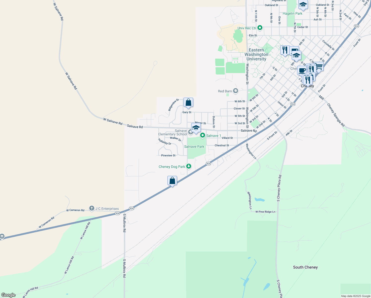 map of restaurants, bars, coffee shops, grocery stores, and more near 109 Walker Dr in Cheney