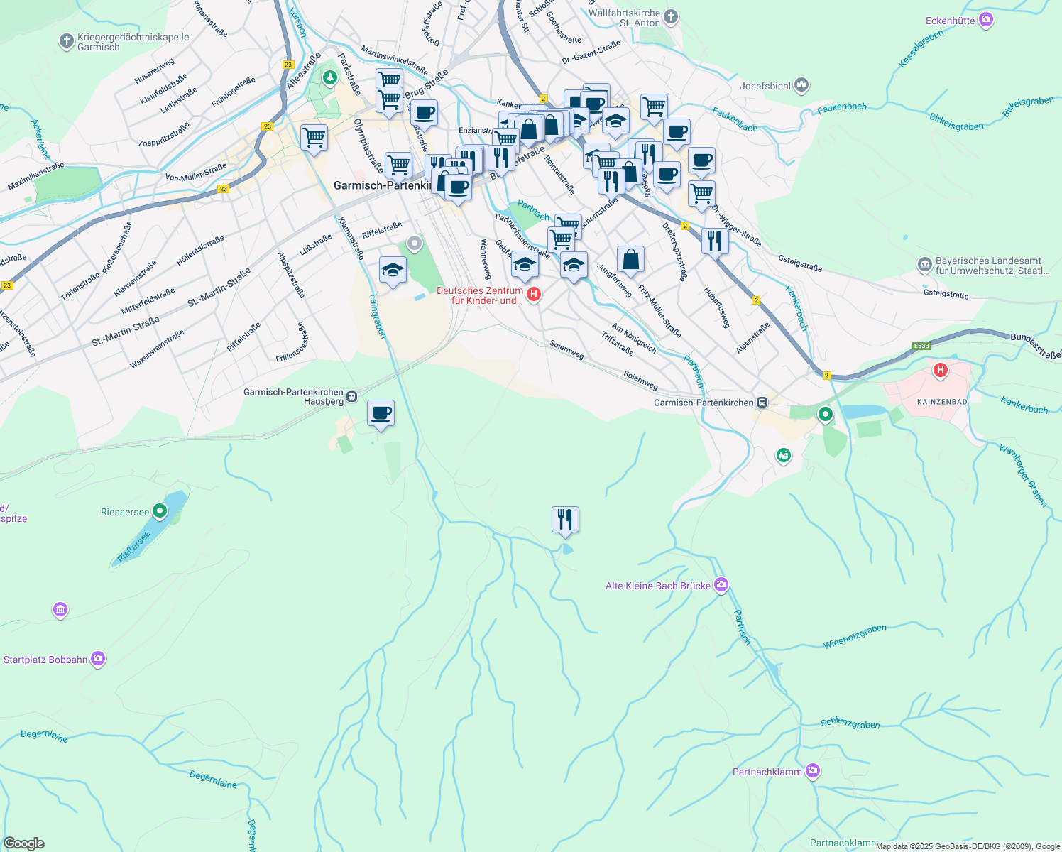 map of restaurants, bars, coffee shops, grocery stores, and more near in Grainau