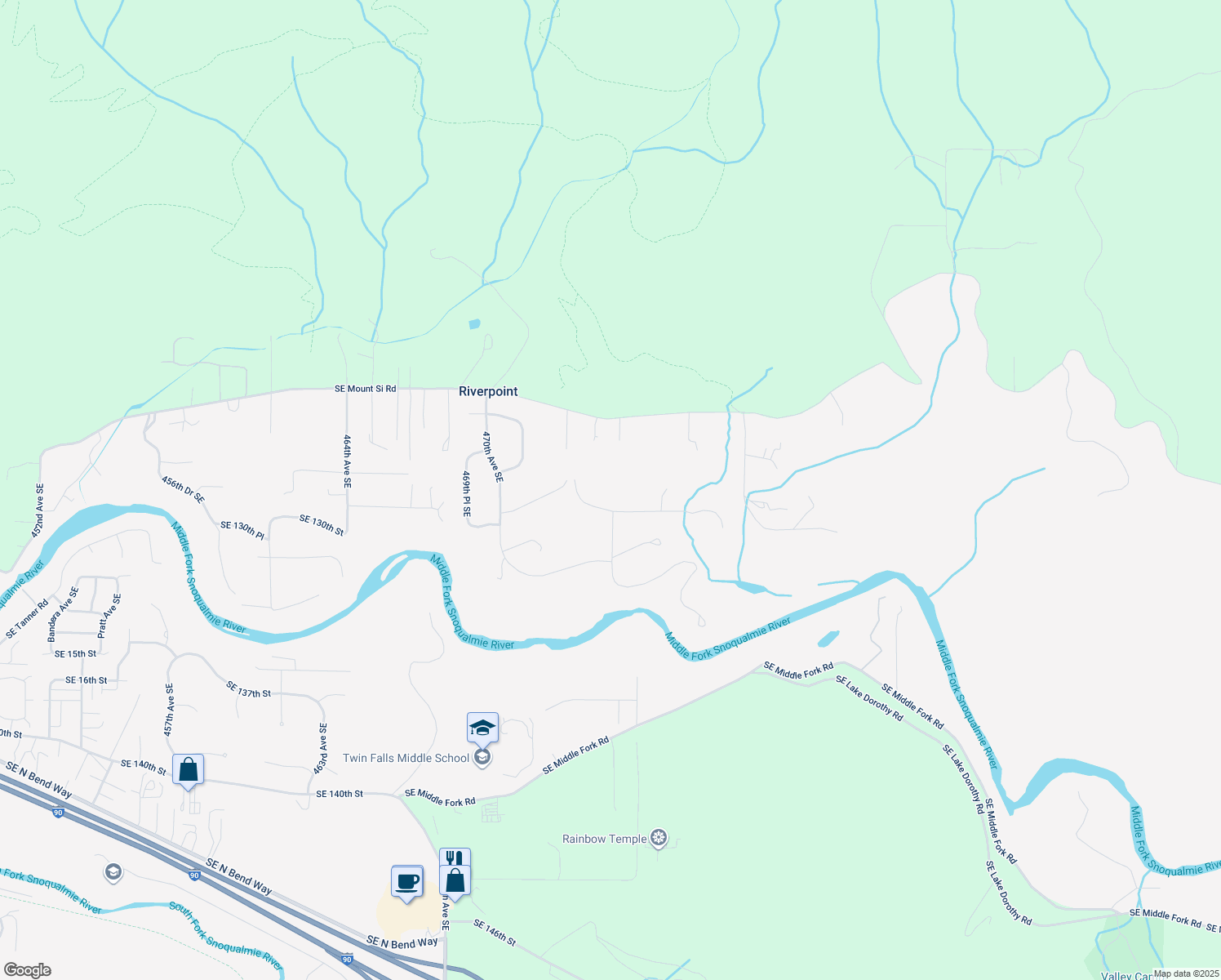 map of restaurants, bars, coffee shops, grocery stores, and more near 12908 475th Avenue Southeast in North Bend